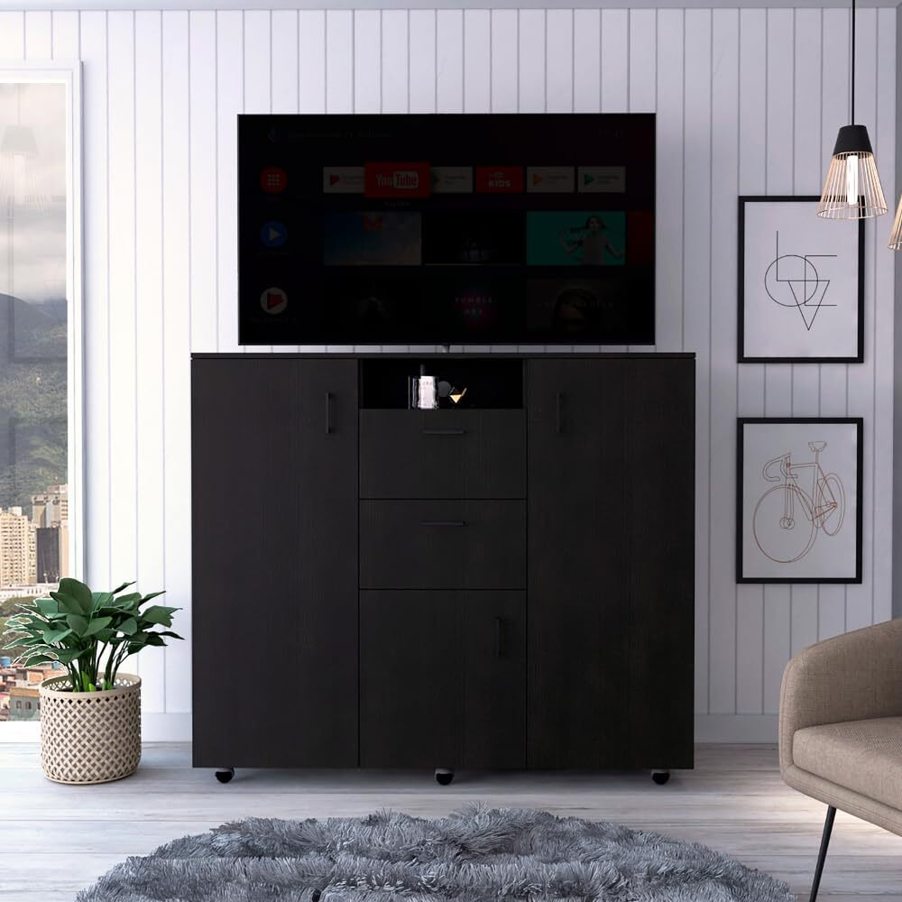Double Door Cabinet Dresser Quizz  Two Drawers  Single Cabinet  Rod  Black Wengue Finish(D0102Hged8U)