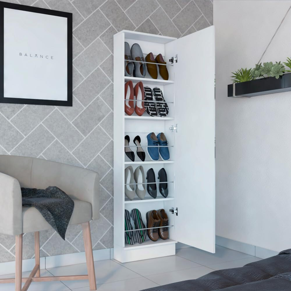 Shoe Rack Chimg  Mirror  Five Interior Shelves  Single Door Cabinet  White Finish(D0102Hge67Y)