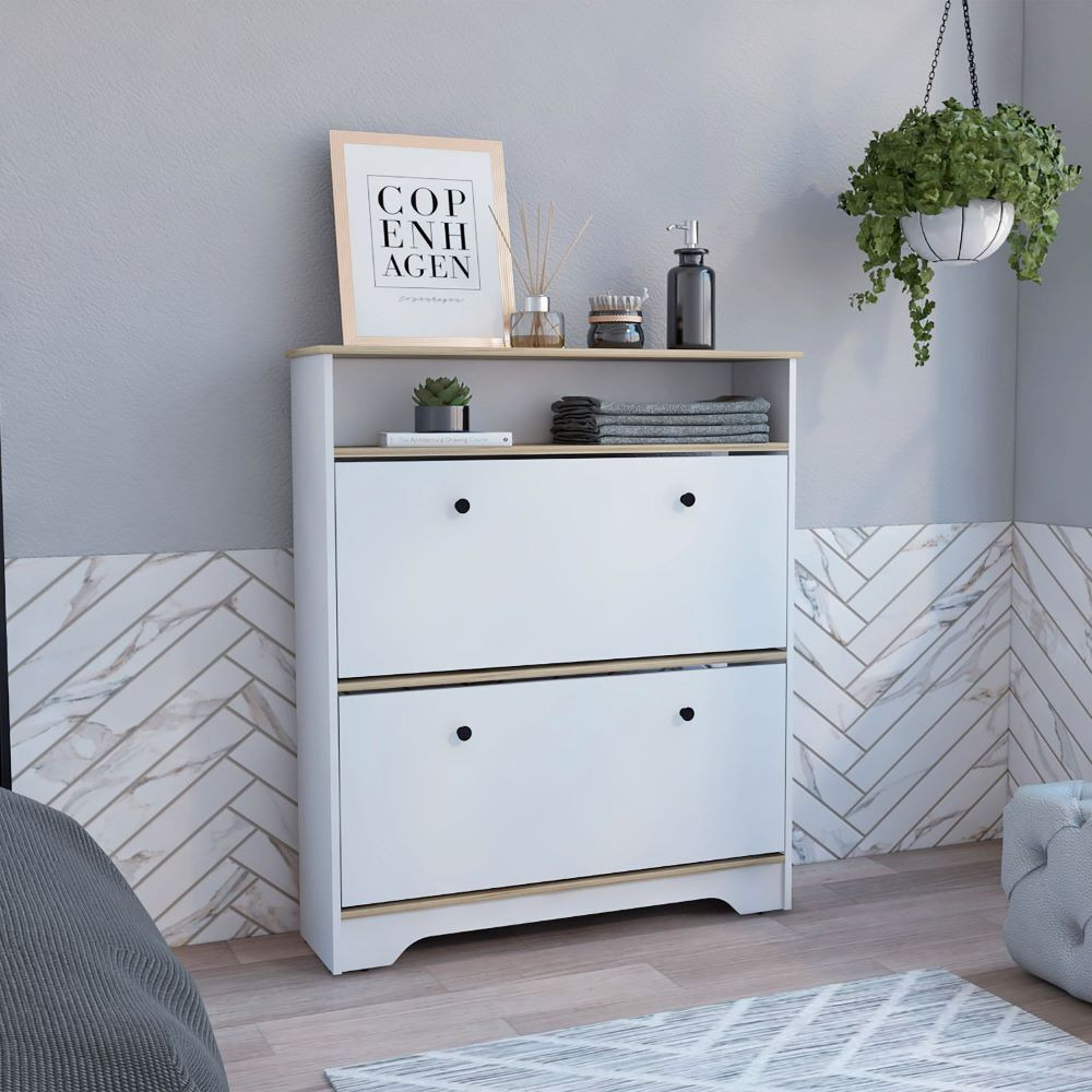 Shoe Rack Dublin  One Open Shelf  Two Extendable Cabinets  Light Oak  White Finish(D0102Hge6Py)