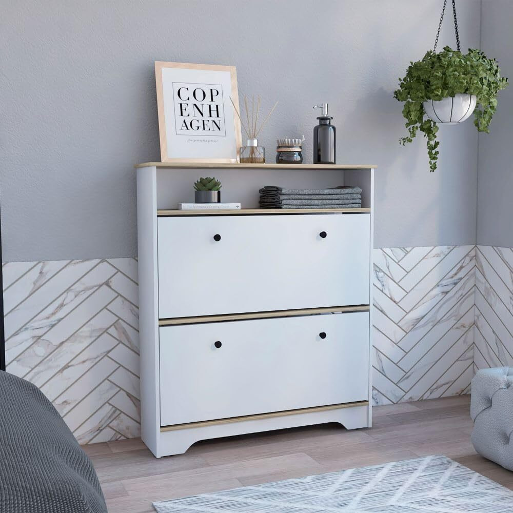 Shoe Rack Dublin  One Open Shelf  Two Extendable Cabinets  Light Oak  White Finish(D0102Hge6Py)