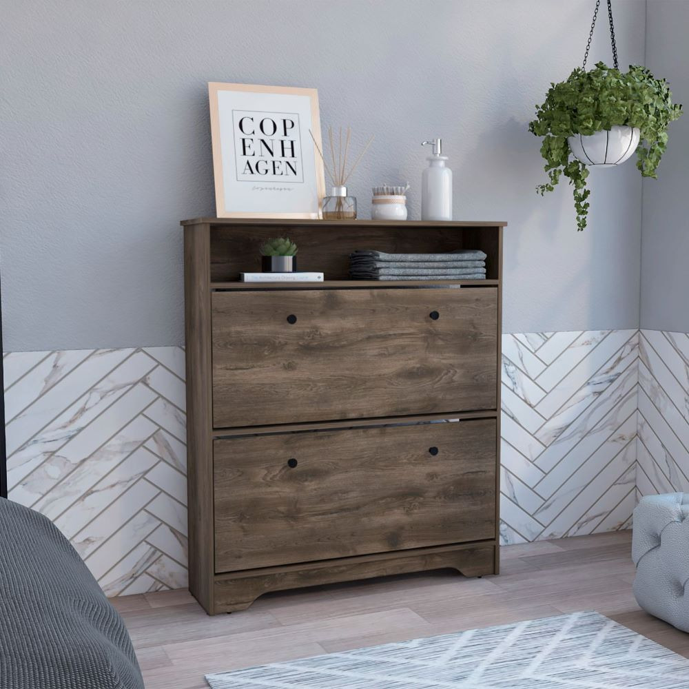 Shoe Rack Dublin  One Open Shelf  Two Extendable Cabinets  Dark Brown Finish(D0102Hge66A)