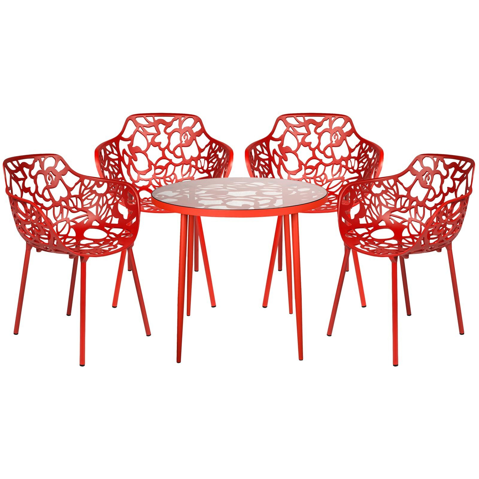 Leisuremod Devon Mid-Century Modern 5-Piece Aluminum Outdoor Patio Dining Set With Tempered Glass Top Table And 4 Stackable Flower Design Arm Chairs For Patio  Poolside  Balcony  And Backyard Garden