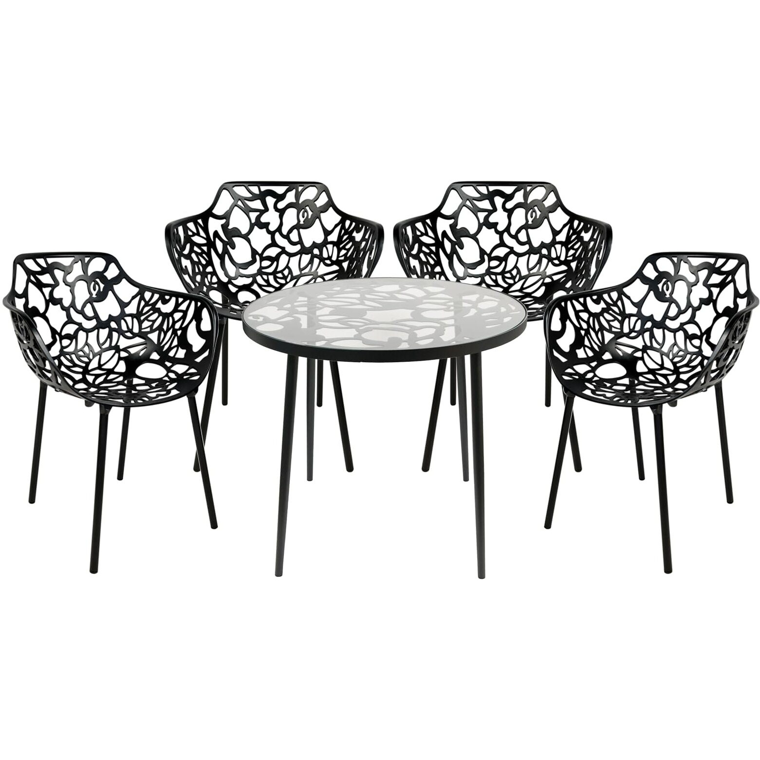 Leisuremod Devon Mid-Century Modern 5-Piece Aluminum Outdoor Patio Dining Set With Tempered Glass Top Table And 4 Stackable Flower Design Arm Chairs For Patio  Poolside  Balcony  And Backyard Garden