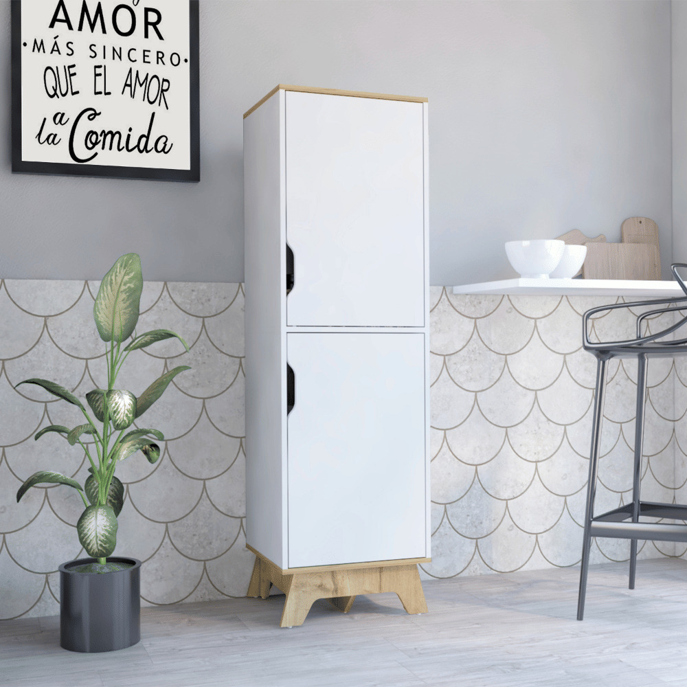 Single Kitchen Pantry Wallas  Four Shelves  Two Doors  Light Oak  White Finish(D0102Hgedfv)
