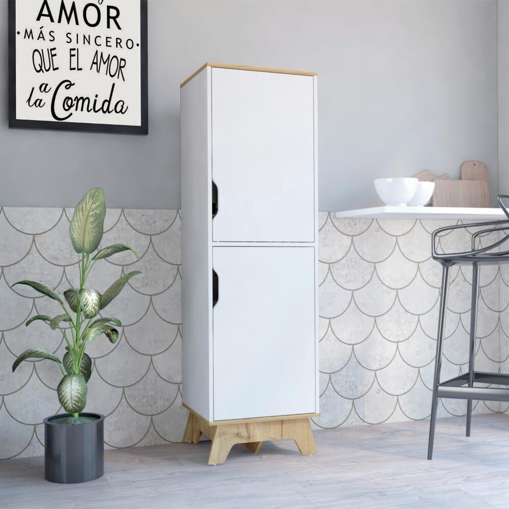Single Kitchen Pantry Wallas  Four Shelves  Two Doors  Light Oak  White Finish(D0102Hgedfv)