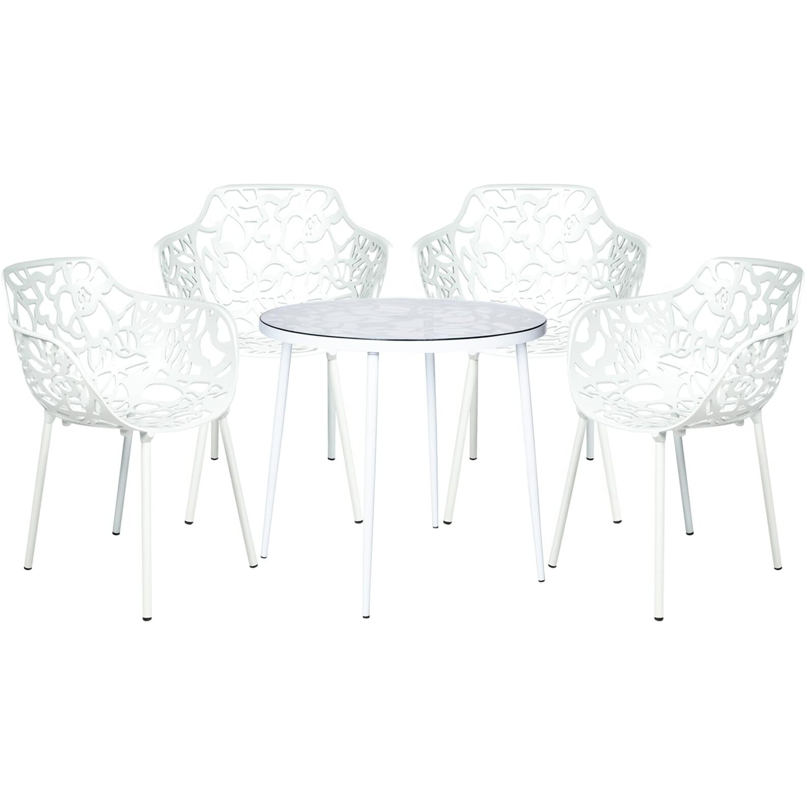 Leisuremod Devon Mid-Century Modern 5-Piece Aluminum Outdoor Patio Dining Set With Tempered Glass Top Table And 4 Stackable Flower Design Arm Chairs For Patio  Poolside  Balcony  And Backyard Garden