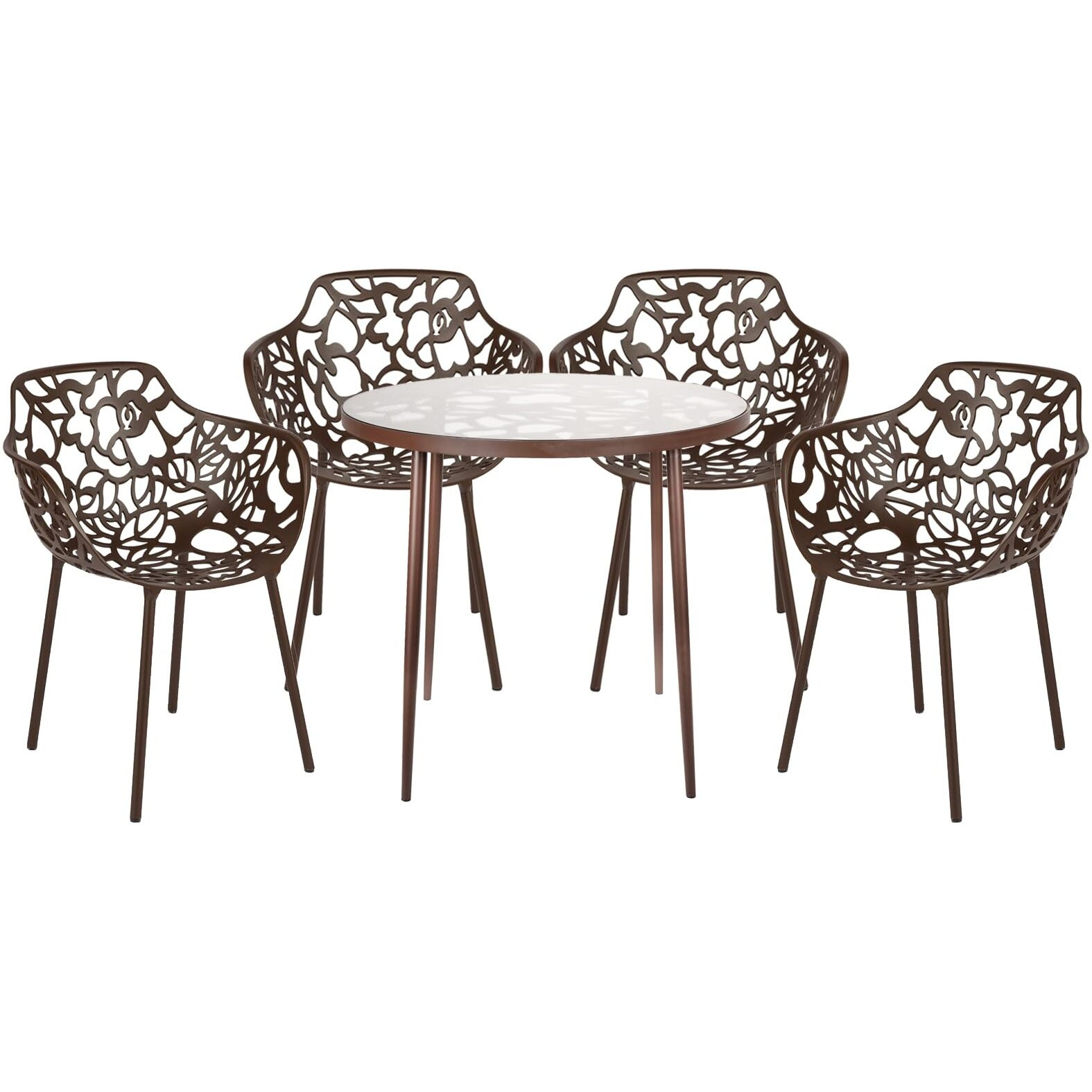 Leisuremod Devon Mid-Century Modern 5-Piece Aluminum Outdoor Patio Dining Set With Tempered Glass Top Table And 4 Stackable Flower Design Arm Chairs For Patio  Poolside  Balcony  And Backyard Garden