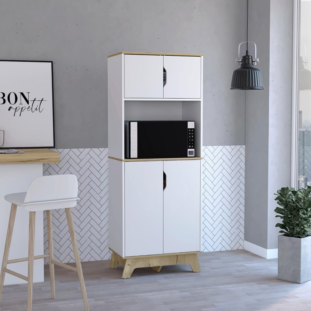 Microwave Tall Cabinet Wallas  Counter Surface  Top- Lower Double Doors  Light Oak  White Finish(D0102Hgedza)