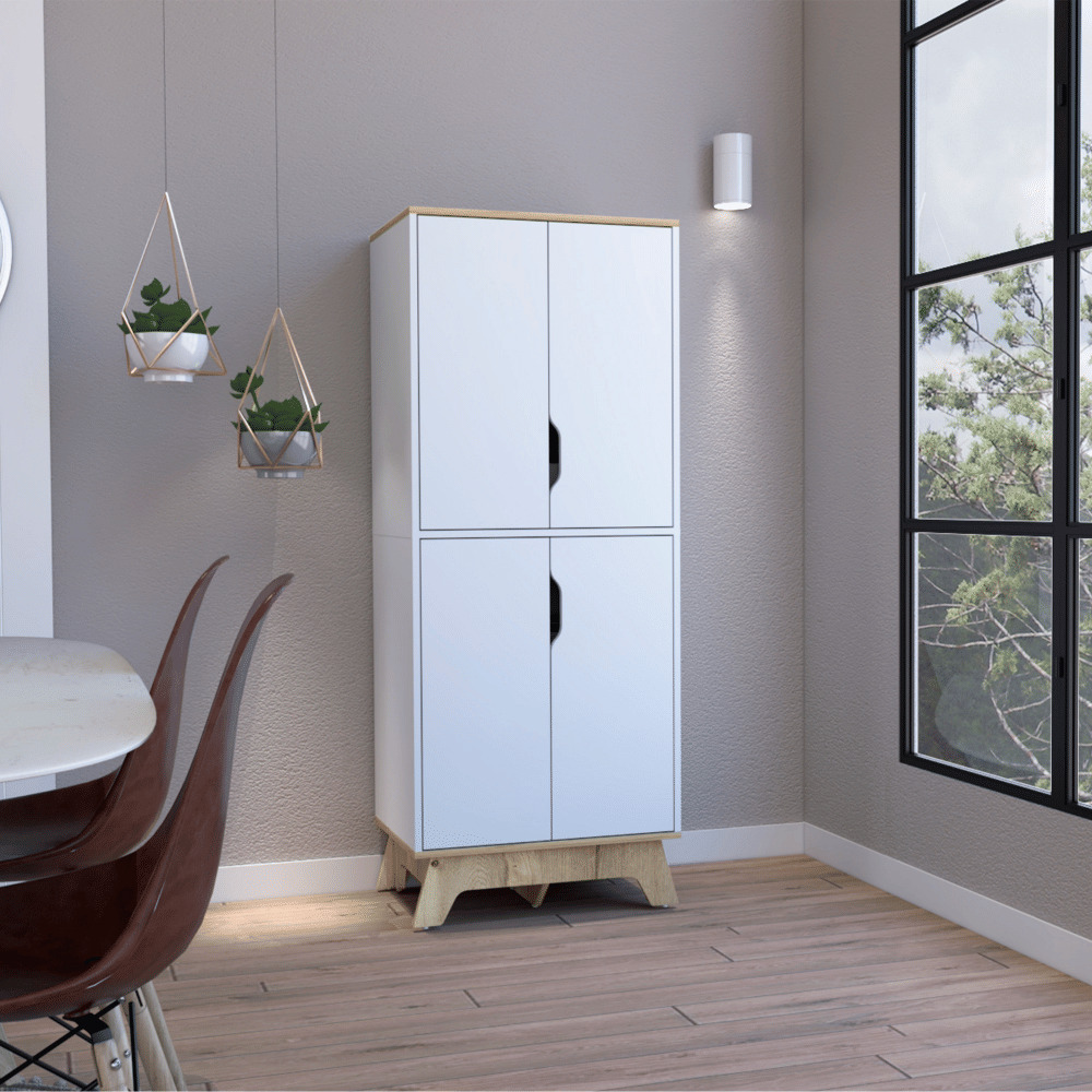 Double Kitchen Pantry Wallas  Double Door  Four Legs  Four Shelves  Light Oak  White Finish(D0102Hgedba)