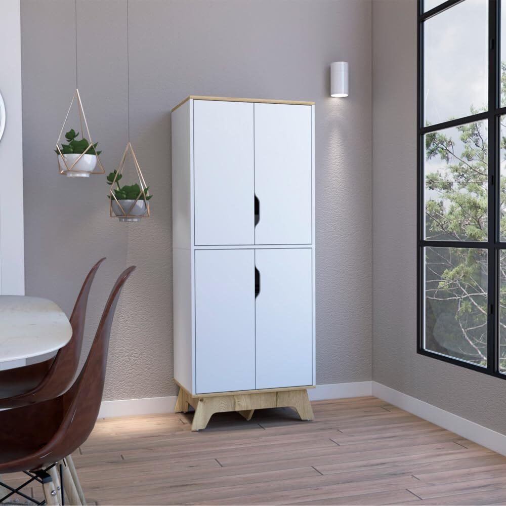 Double Kitchen Pantry Wallas  Double Door  Four Legs  Four Shelves  Light Oak  White Finish(D0102Hgedba)