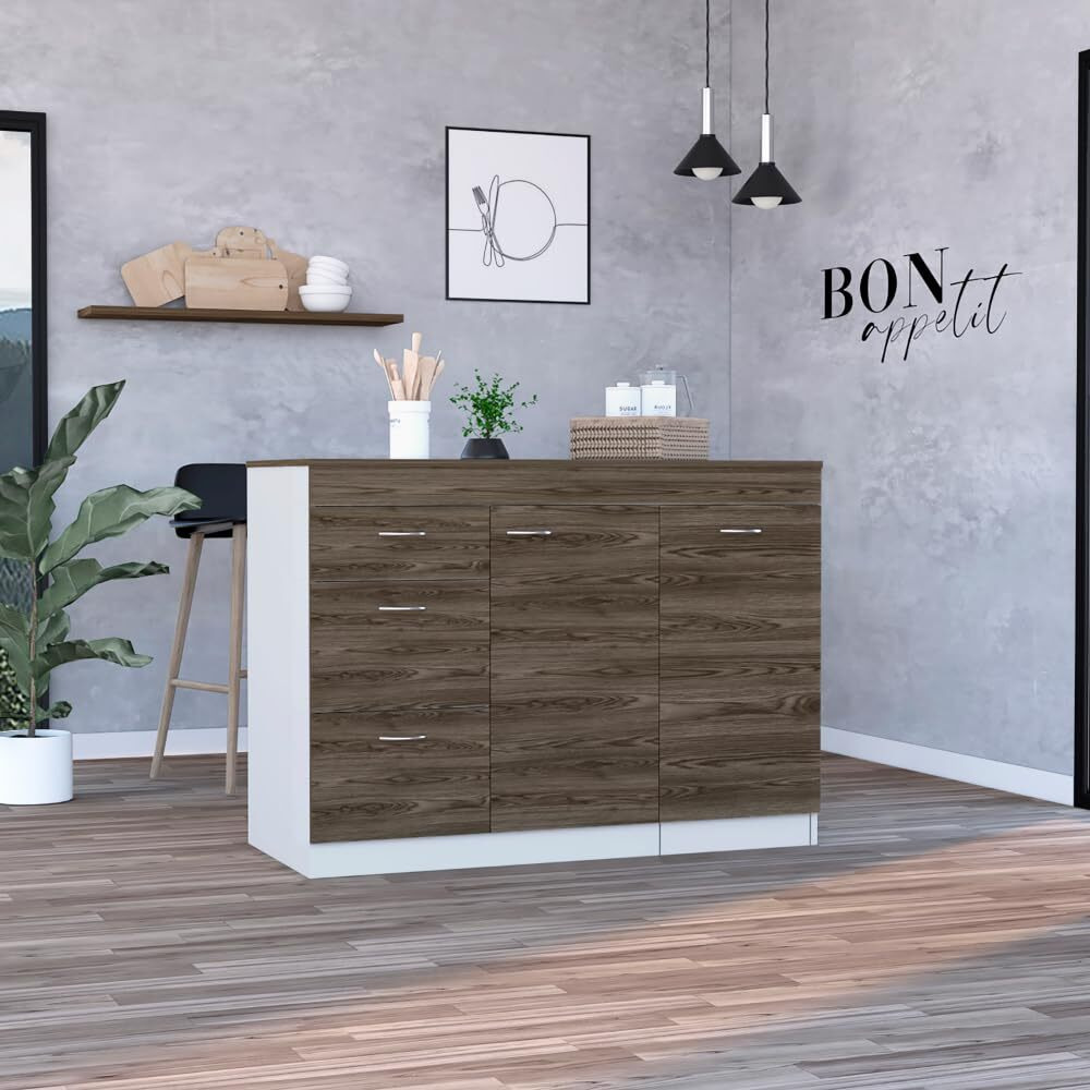 Kitchen Island Cabinet Metask Three Drawers  White  Dark Walnut Finish(D0102Hgedr7)