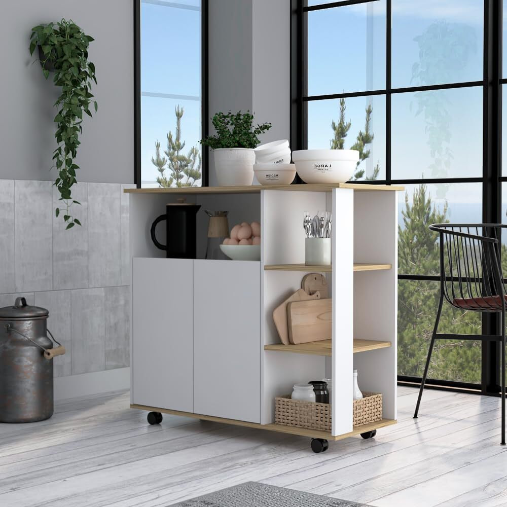 Kitchen Island Kamkacht  One Cabinet  Four Open Shelves  Light Oak  White Finish(D0102Hgeyeg)