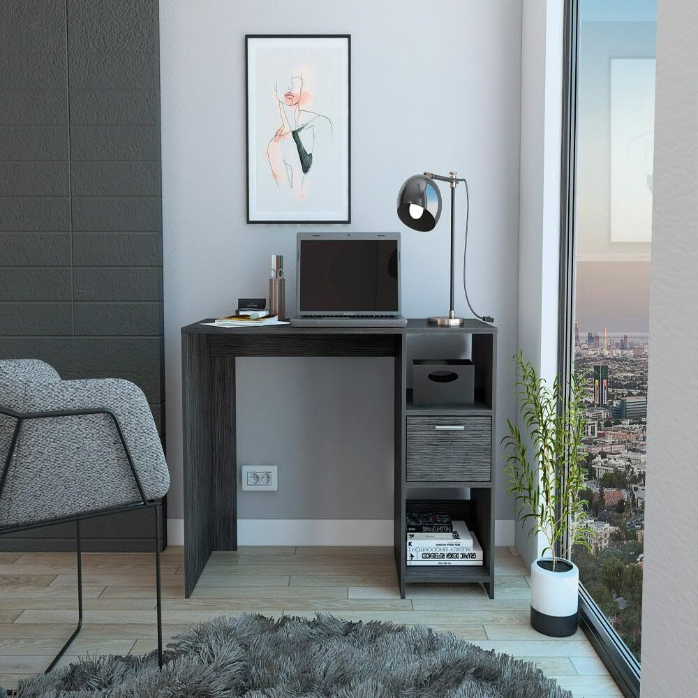 Computer Desk Odessa With Single Drawer And Open Storage Cabinets  Smokey Oak Finish(D0102Hgemzy)