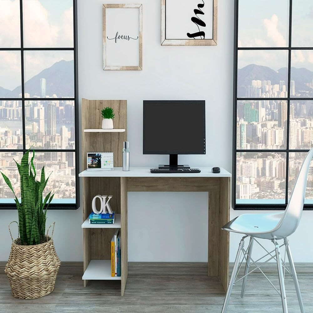Desk Wichita  Four Shelves  Light Oak  White Finish(D0102Hgedqv)