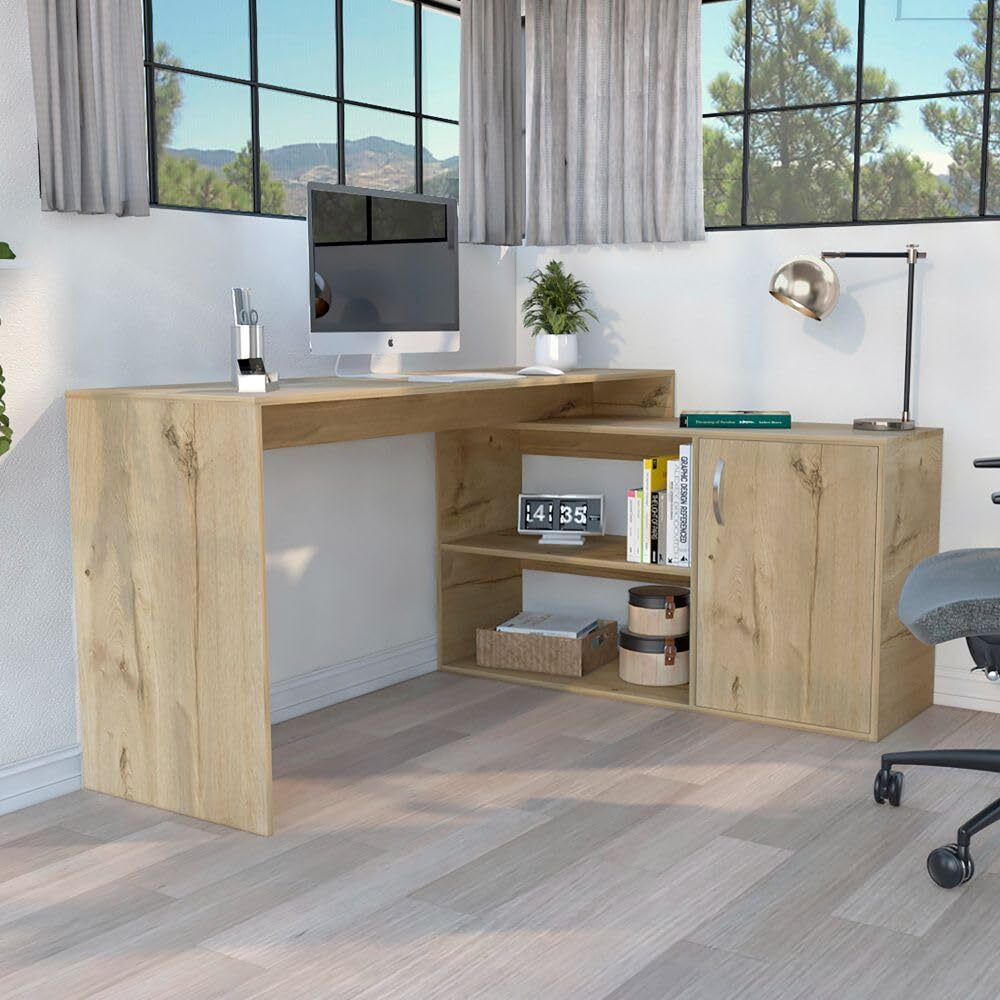 L-Shaped Desk Desti  Single Door Cabinet  Light Oak Finish(D0102Hge13W)