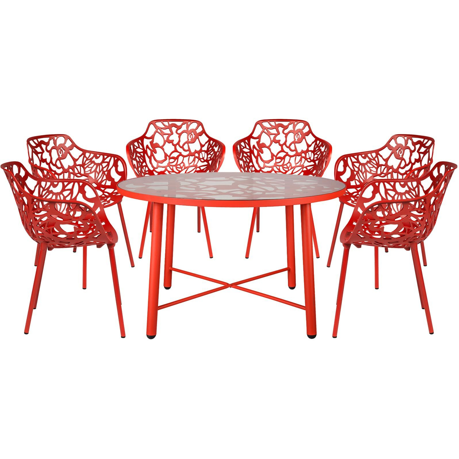 Leisuremod Devon Mid-Century Modern 7-Piece Aluminum Outdoor Patio Dining Set With Tempered Glass Top Table And 6 Stackable Flower Design Arm Chairs For Patio  Poolside  Balcony  And Backyard Garden