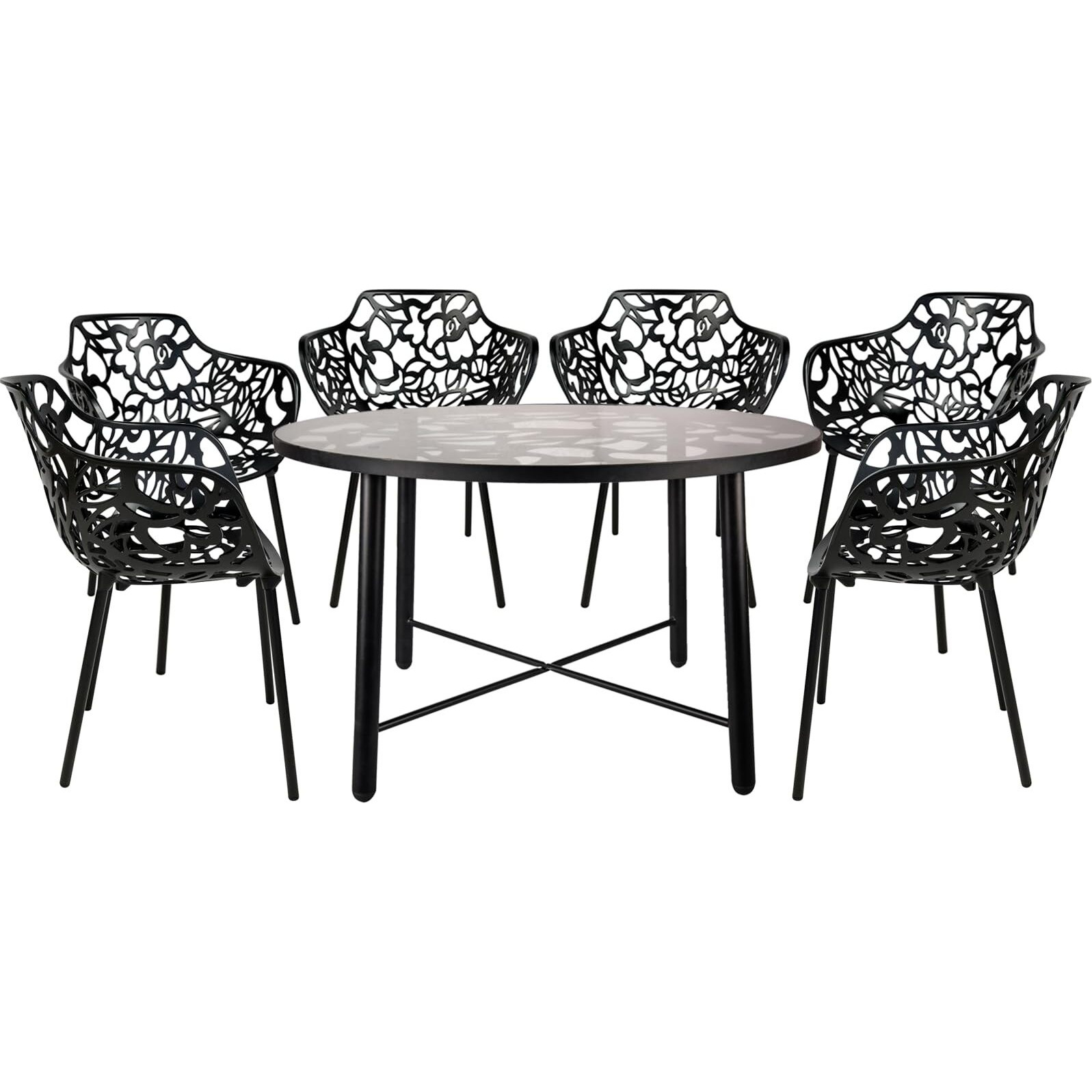Leisuremod Devon Mid-Century Modern 7-Piece Aluminum Outdoor Patio Dining Set With Tempered Glass Top Table And 6 Stackable Flower Design Arm Chairs For Patio  Poolside  Balcony  And Backyard Garden