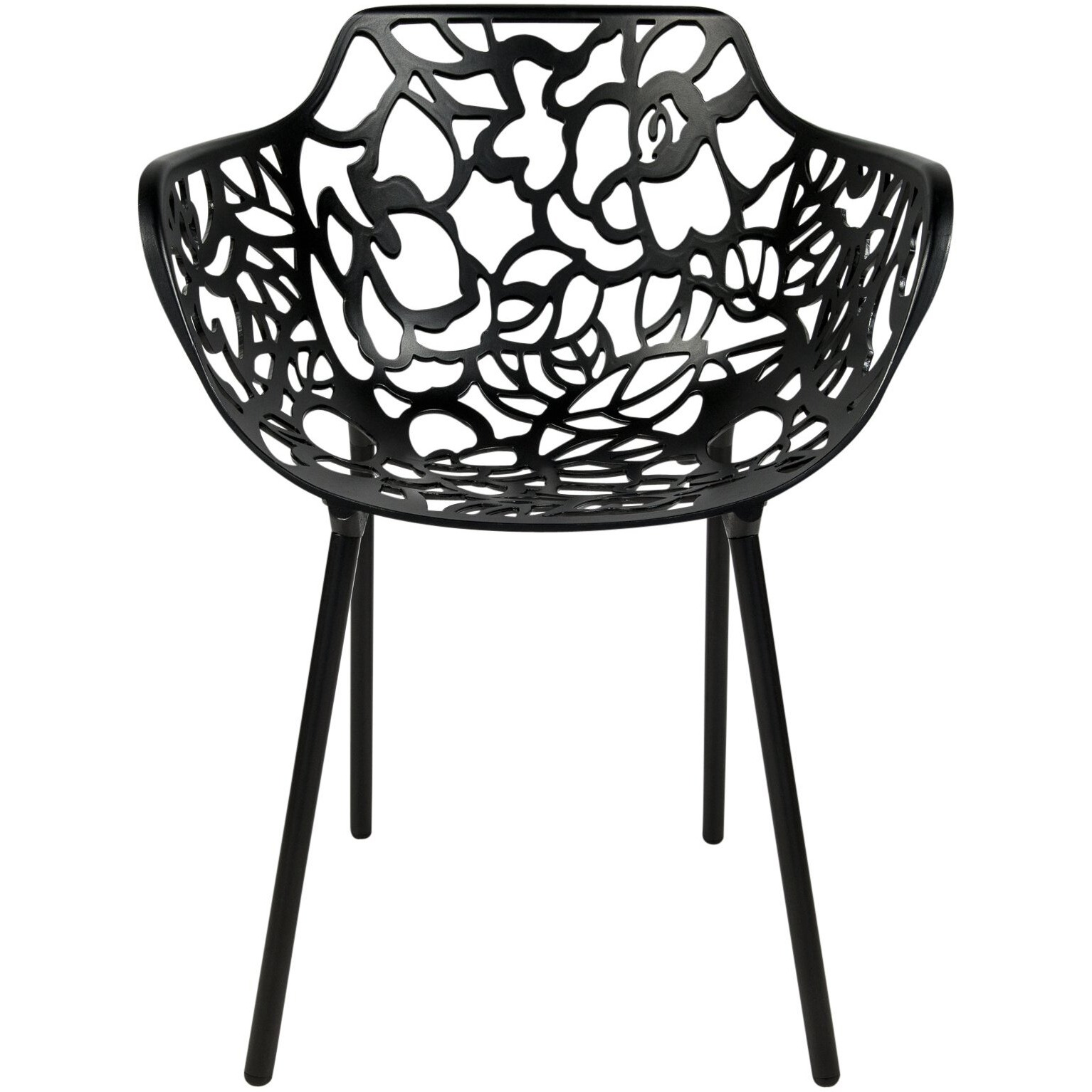 Leisuremod Devon Mid-Century Modern 7-Piece Aluminum Outdoor Patio Dining Set With Tempered Glass Top Table And 6 Stackable Flower Design Arm Chairs For Patio  Poolside  Balcony  And Backyard Garden