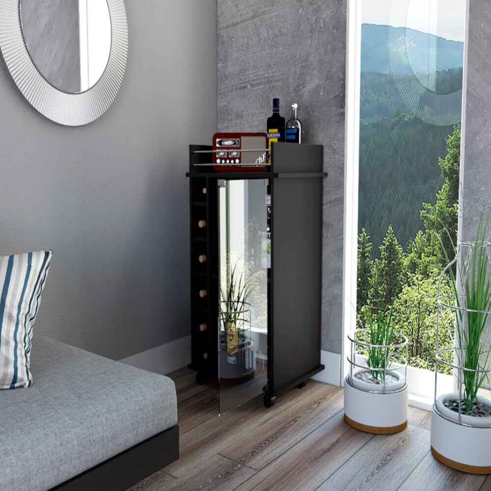 Bar Cart Baltimore  Two Tier Cabinet With Glass Door  Six Wine Cubbies  Black Wengue Finish(D0102Hgedew)