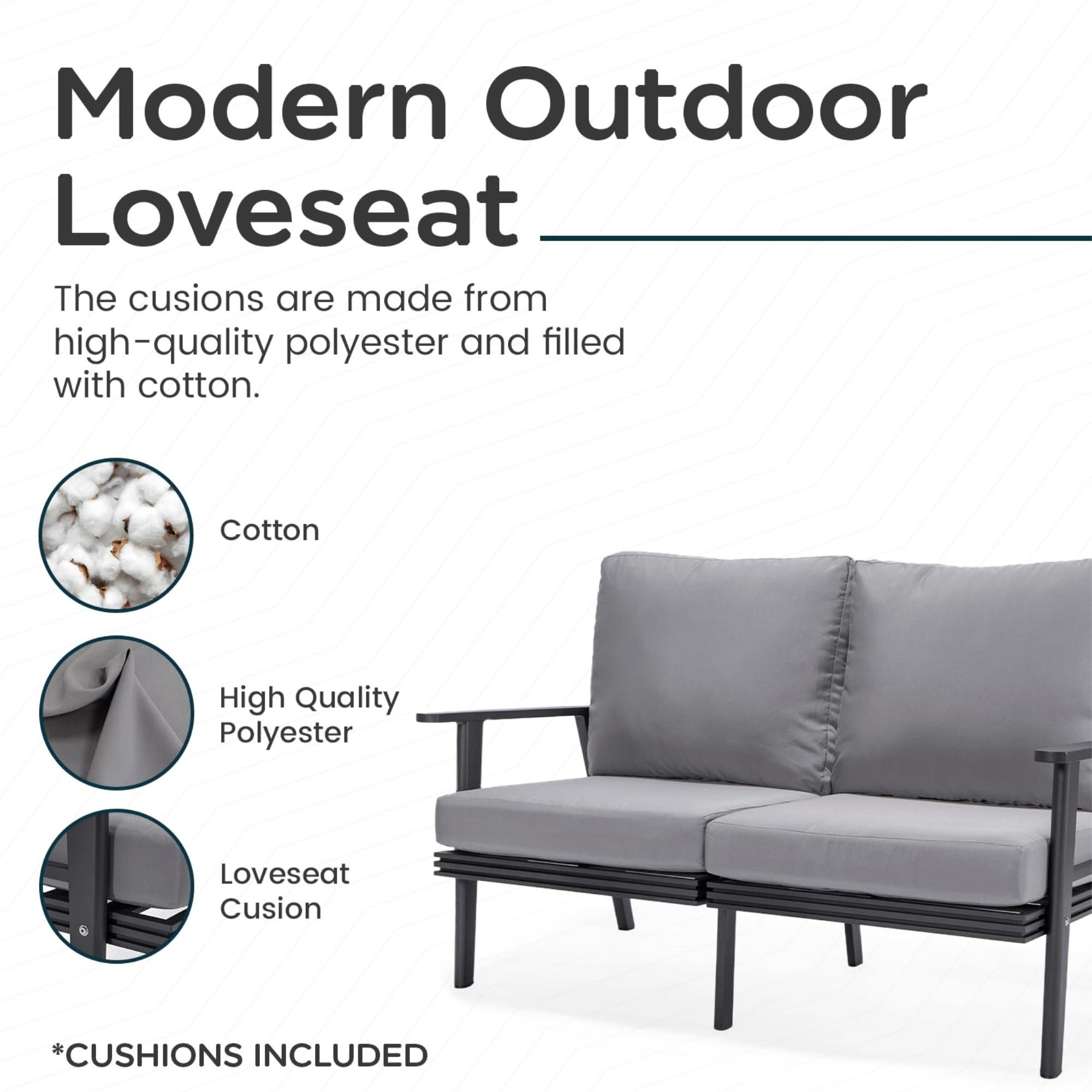 Leisuremod Walbrooke Modern Outdoor Patio Loveseat With Black Aluminum Frame And Removable Cushions For Patio And Backyard Garden