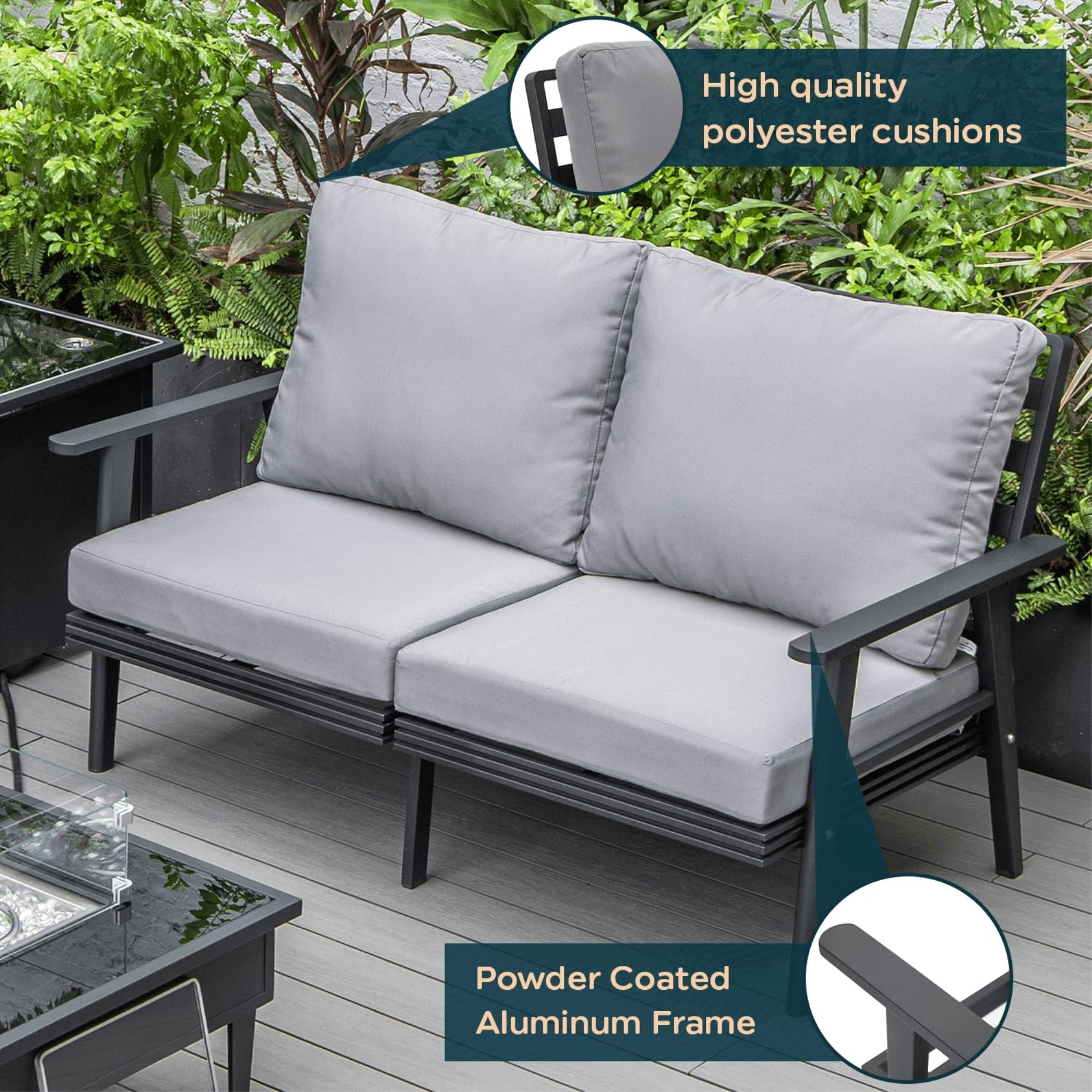 Leisuremod Walbrooke Modern Outdoor Patio Loveseat With Black Aluminum Frame And Removable Cushions For Patio And Backyard Garden