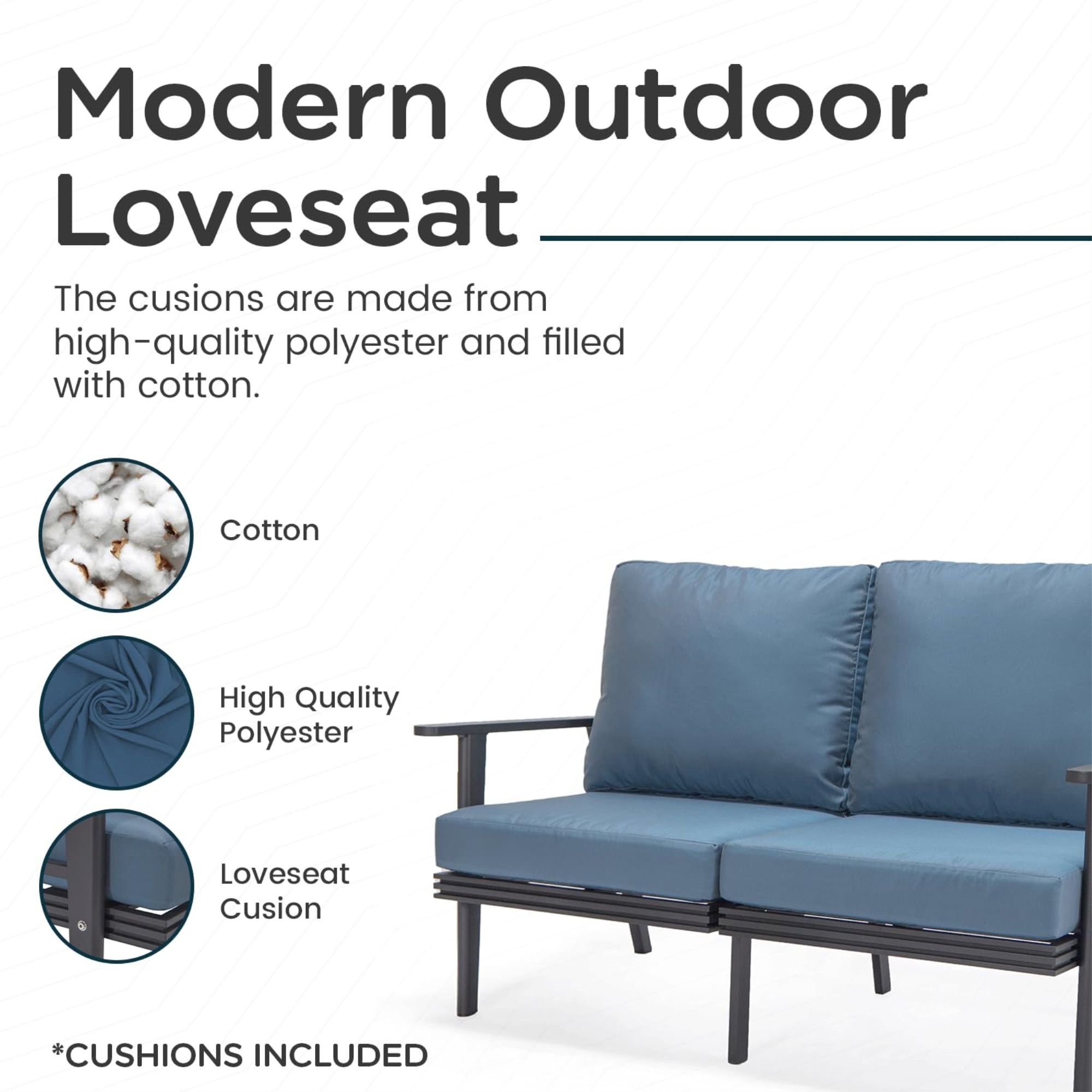 Leisuremod Walbrooke Modern Outdoor Patio Loveseat With Black Aluminum Frame And Removable Cushions For Patio And Backyard Garden