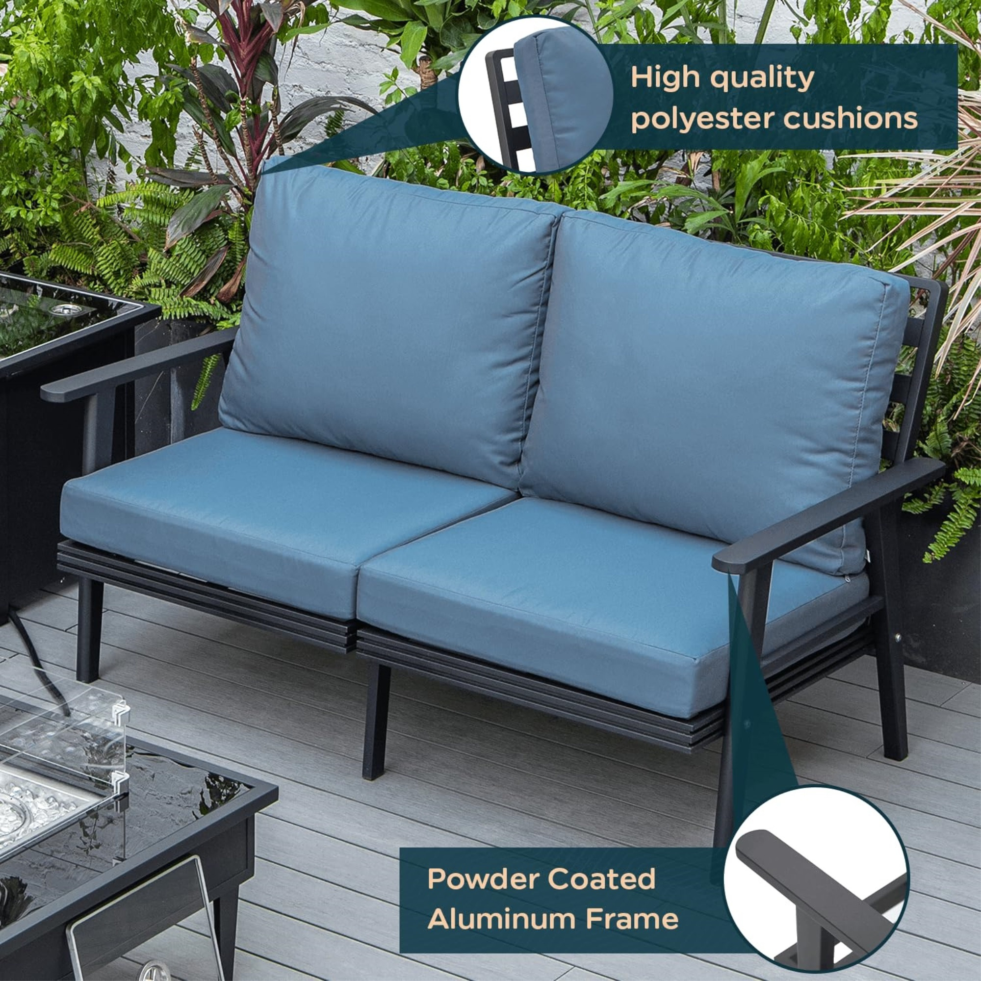 Leisuremod Walbrooke Modern Outdoor Patio Loveseat With Black Aluminum Frame And Removable Cushions For Patio And Backyard Garden