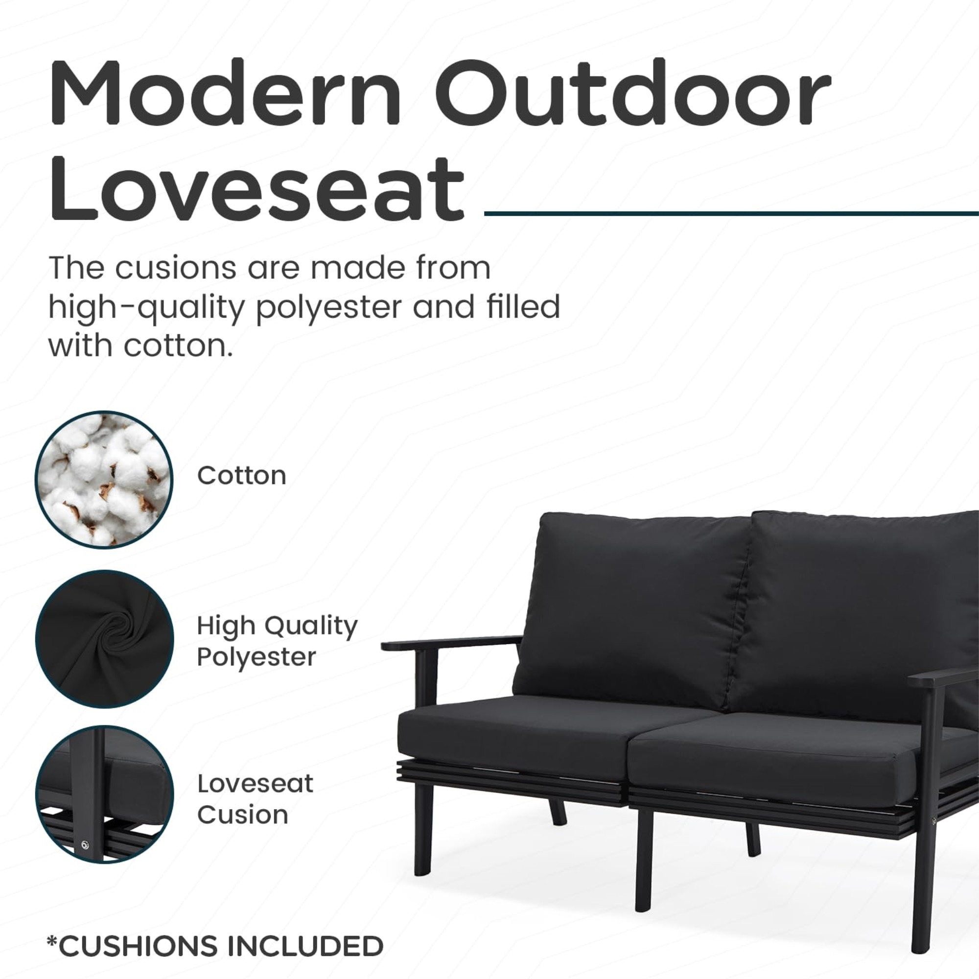 Leisuremod Walbrooke Modern Outdoor Patio Loveseat With Black Aluminum Frame And Removable Cushions For Patio And Backyard Garden