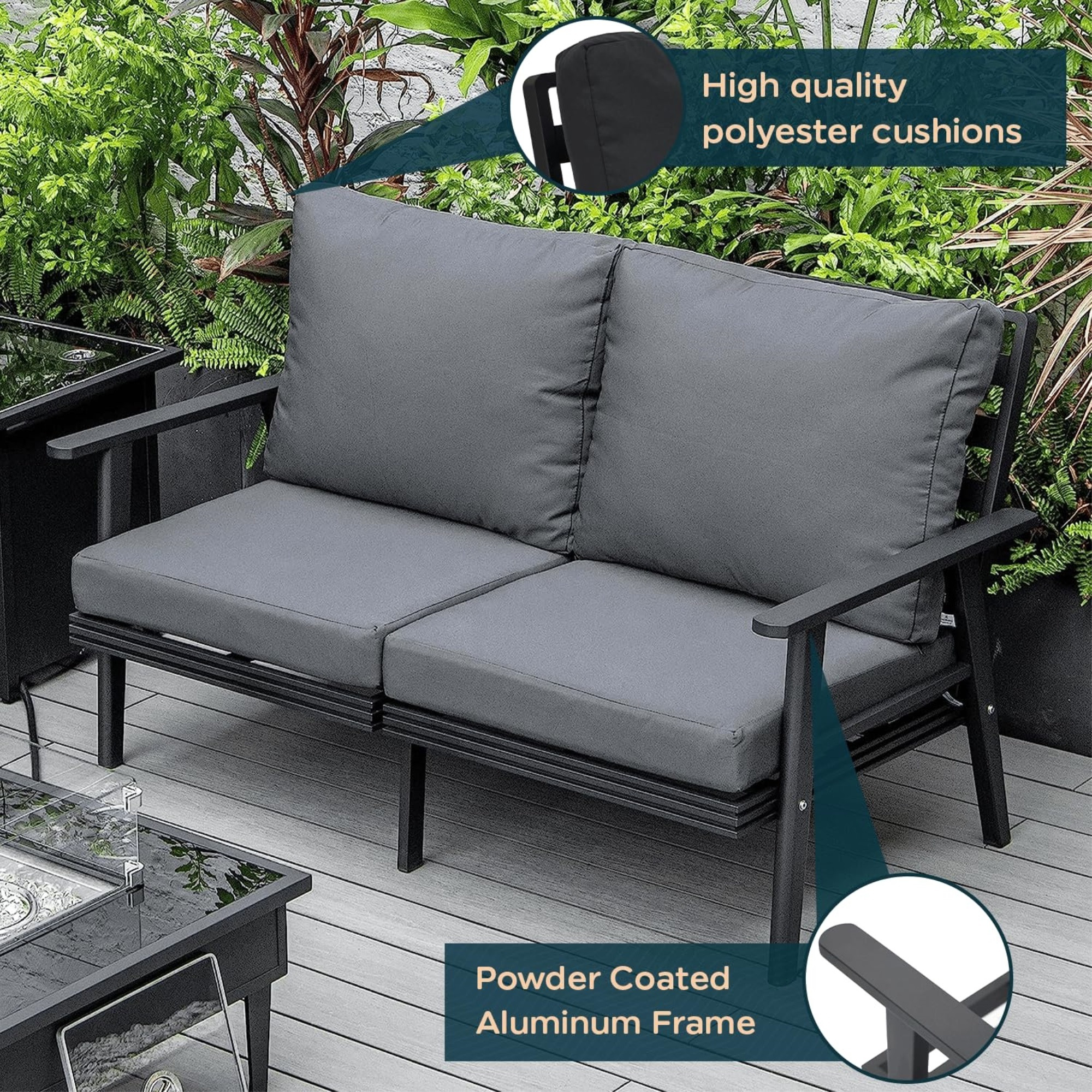 Leisuremod Walbrooke Modern Outdoor Patio Loveseat With Black Aluminum Frame And Removable Cushions For Patio And Backyard Garden