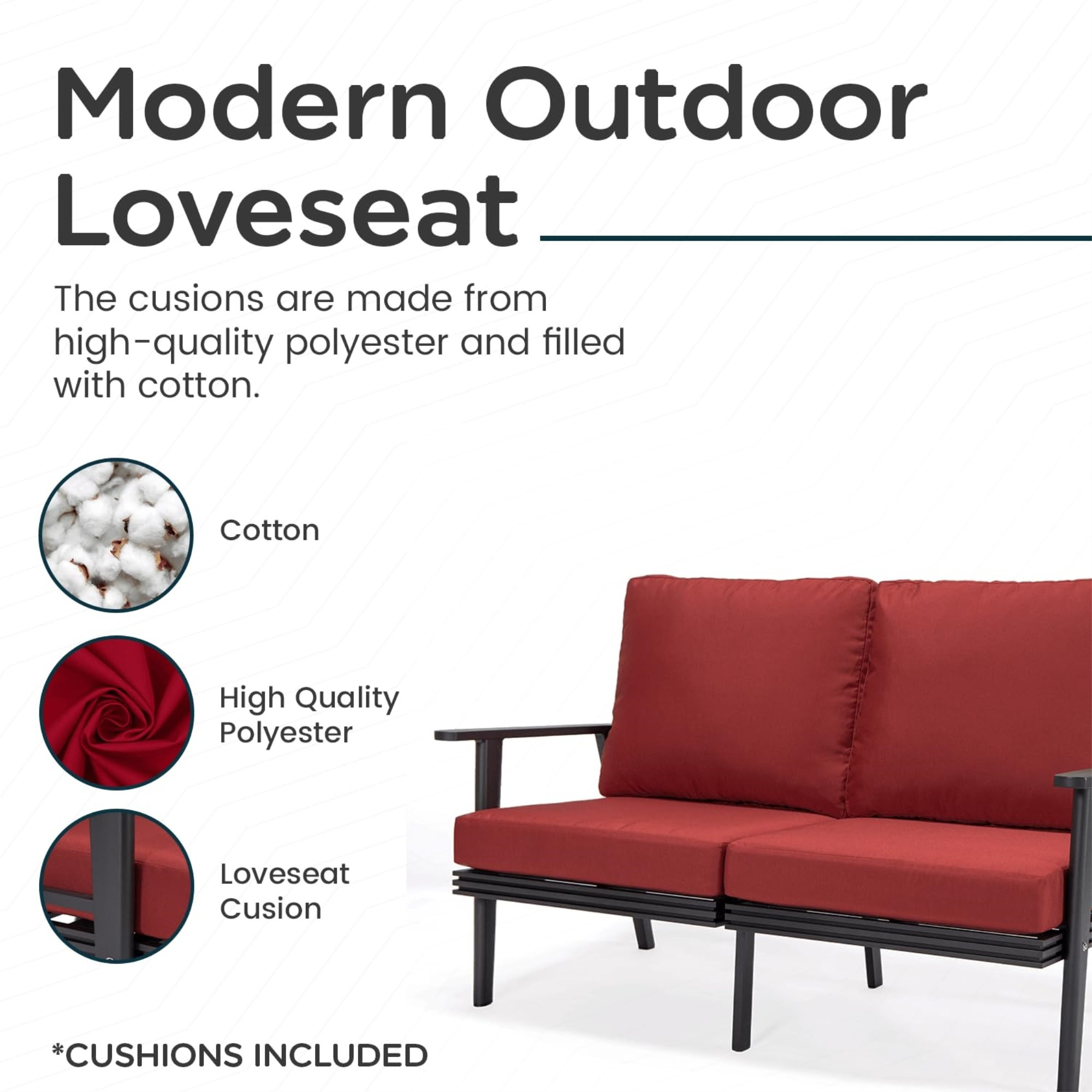 Leisuremod Walbrooke Modern Outdoor Patio Loveseat With Black Aluminum Frame And Removable Cushions For Patio And Backyard Garden