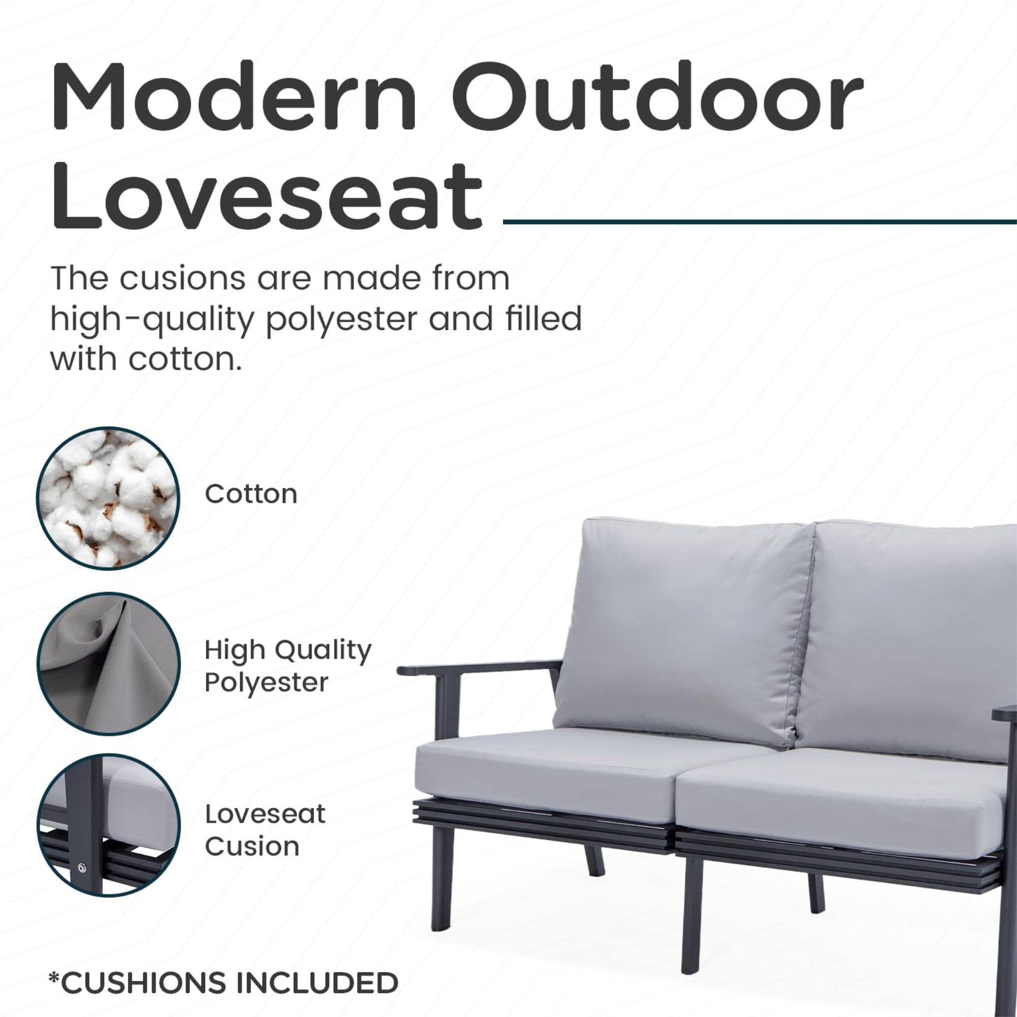 Leisuremod Walbrooke Modern Outdoor Patio Loveseat With Black Aluminum Frame And Removable Cushions For Patio And Backyard Garden