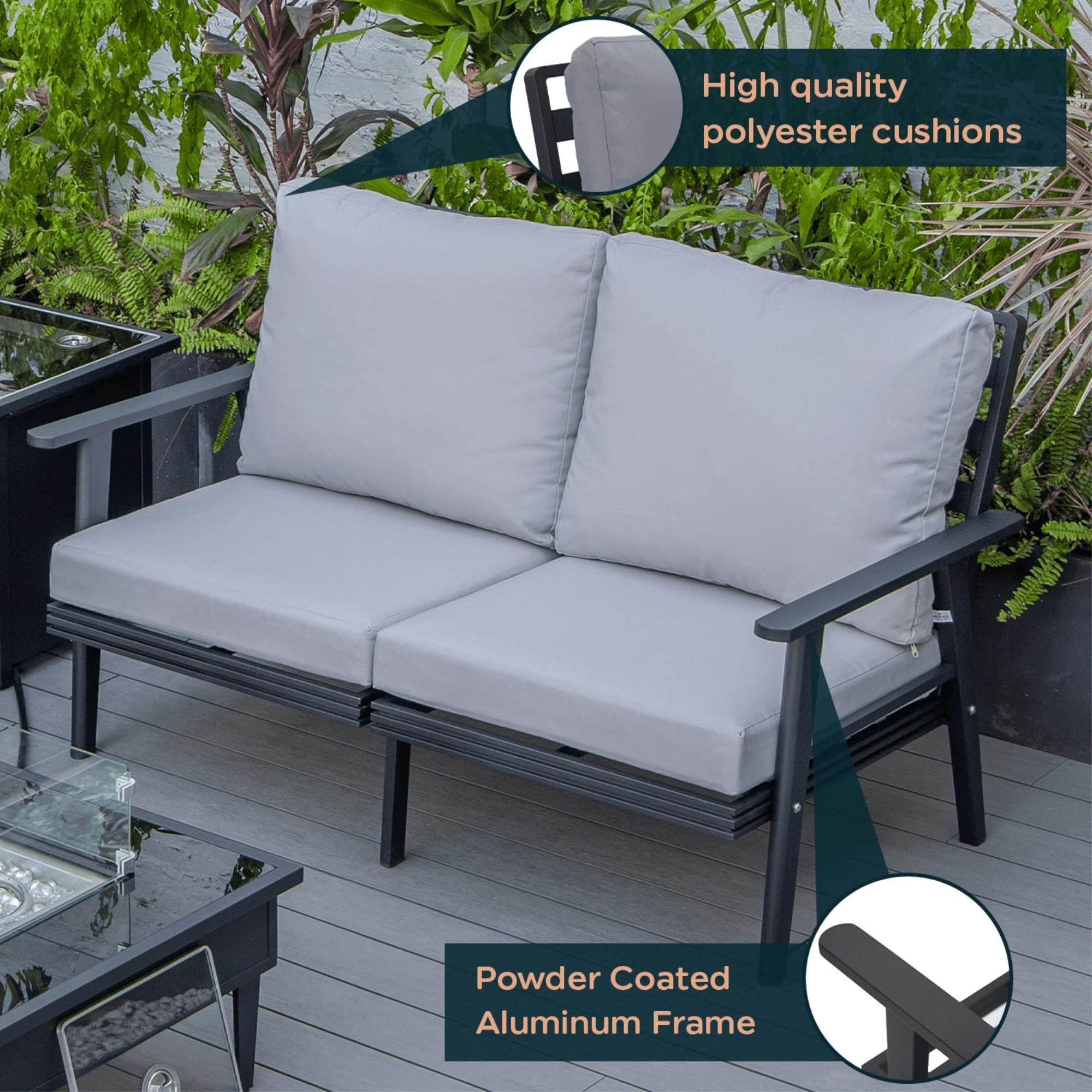 Leisuremod Walbrooke Modern Outdoor Patio Loveseat With Black Aluminum Frame And Removable Cushions For Patio And Backyard Garden