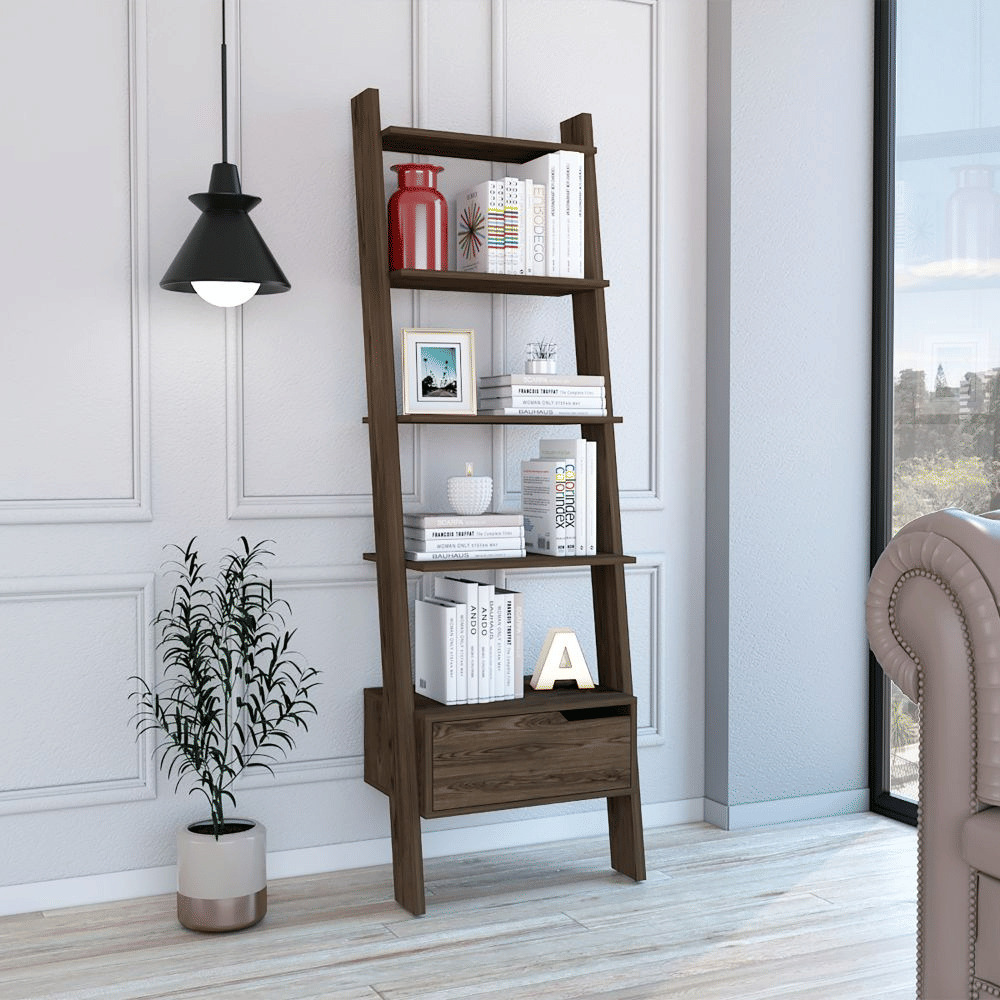 Ladder Bookcase Bull  One Drawer  Five Open Shelves  Dark Walnut Finish(D0102Hge6Gu)