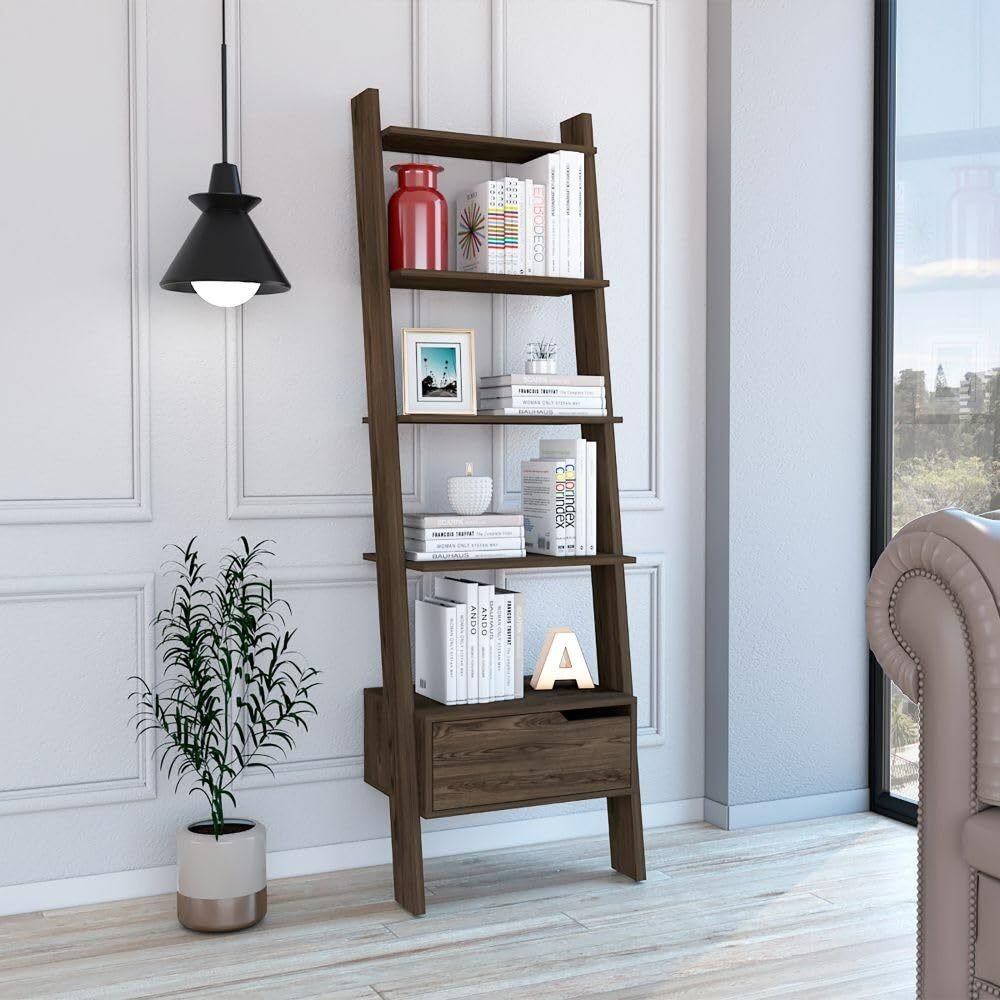 Ladder Bookcase Bull  One Drawer  Five Open Shelves  Dark Walnut Finish(D0102Hge6Gu)