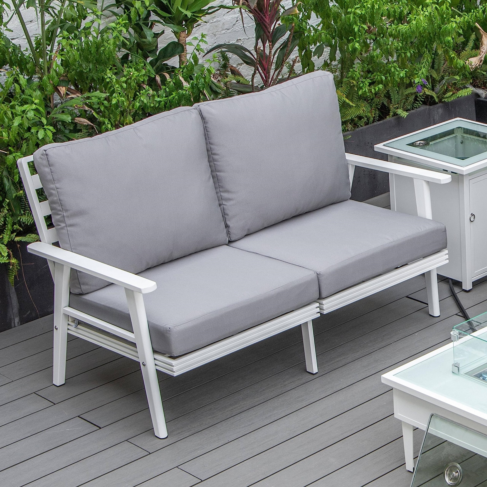 Leisuremod Walbrooke Modern Outdoor Patio Loveseat With White Aluminum Frame And Removable Cushions For Patio And Backyard Garden
