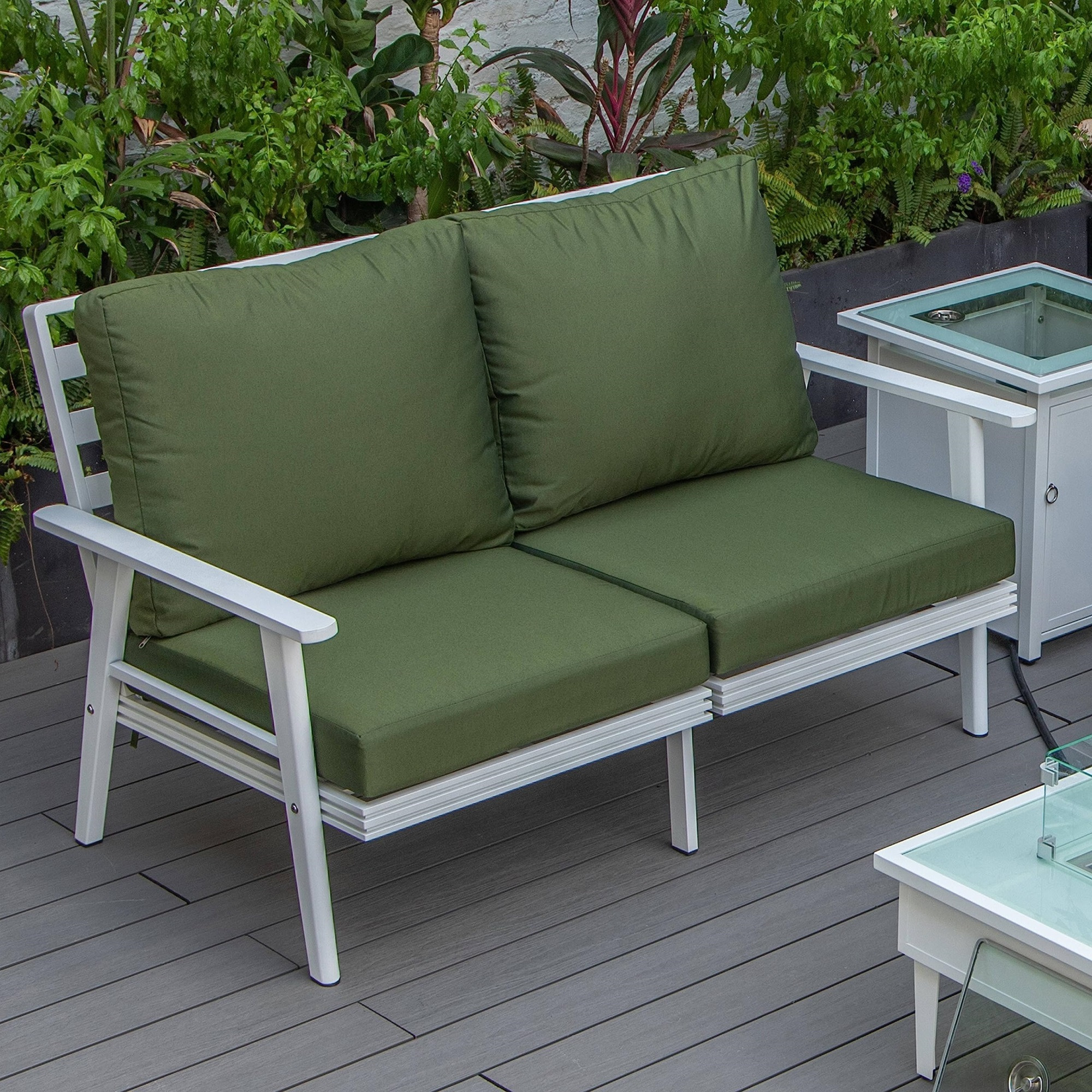Leisuremod Walbrooke Modern Outdoor Patio Loveseat With White Aluminum Frame And Removable Cushions For Patio And Backyard Garden