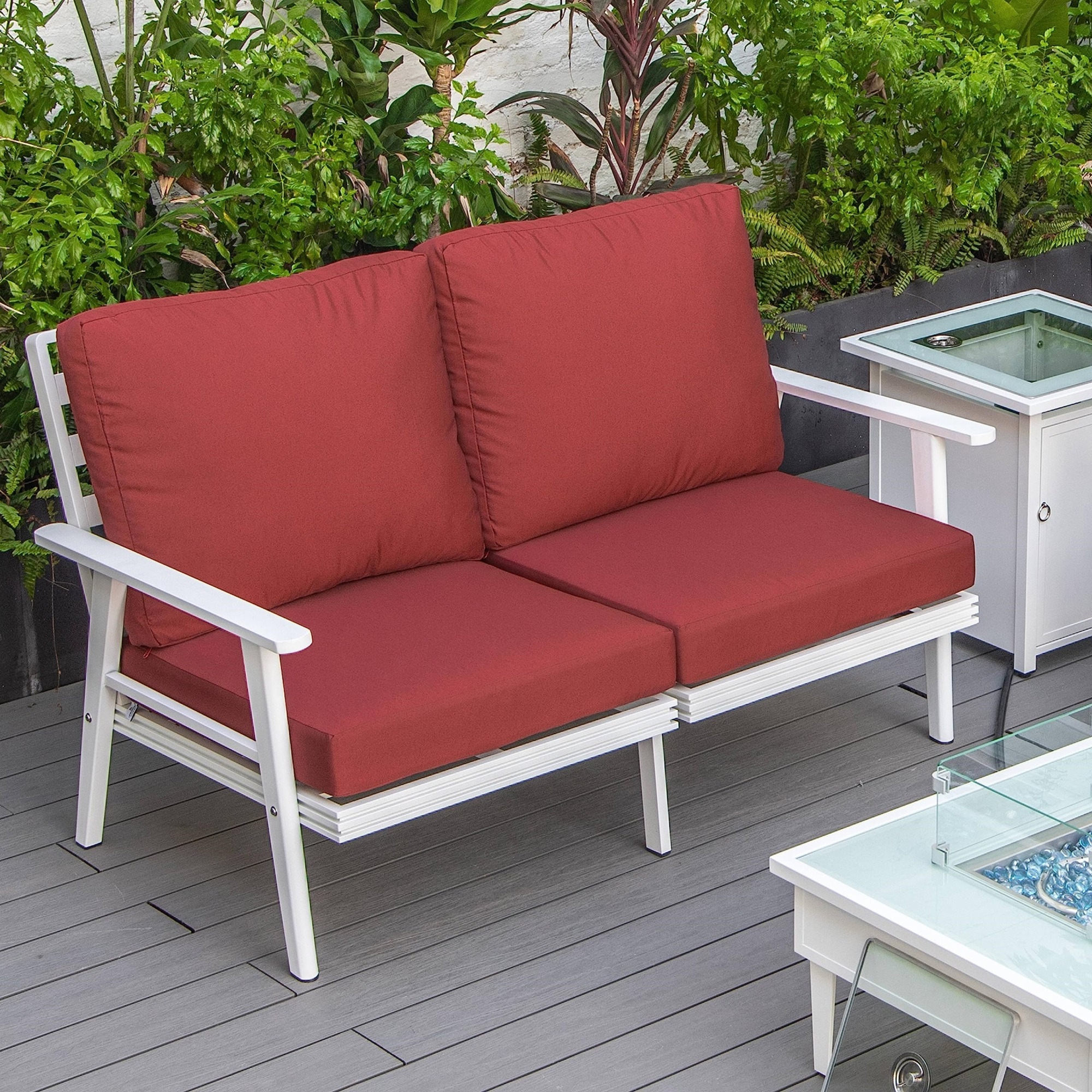 Leisuremod Walbrooke Modern Outdoor Patio Loveseat With White Aluminum Frame And Removable Cushions For Patio And Backyard Garden