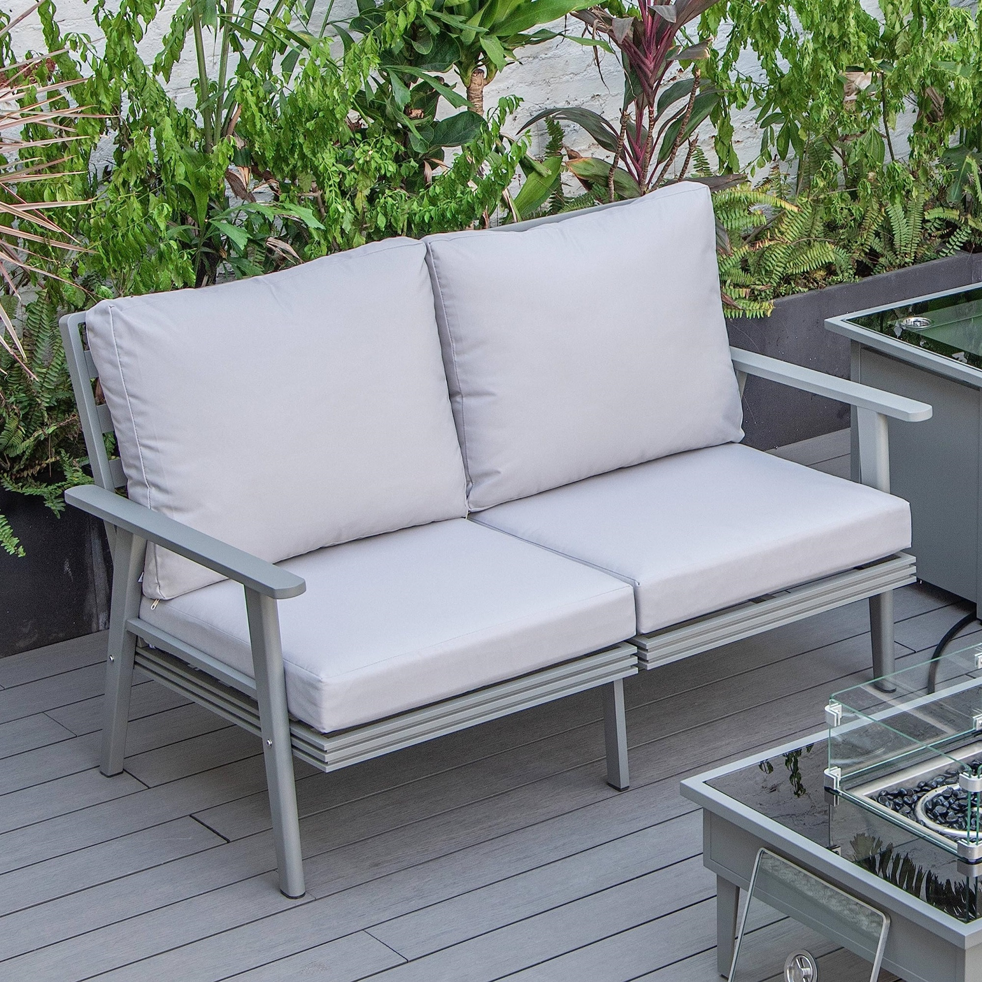 Leisuremod Walbrooke Modern Outdoor Patio Loveseat With White Aluminum Frame And Removable Cushions For Patio And Backyard Garden