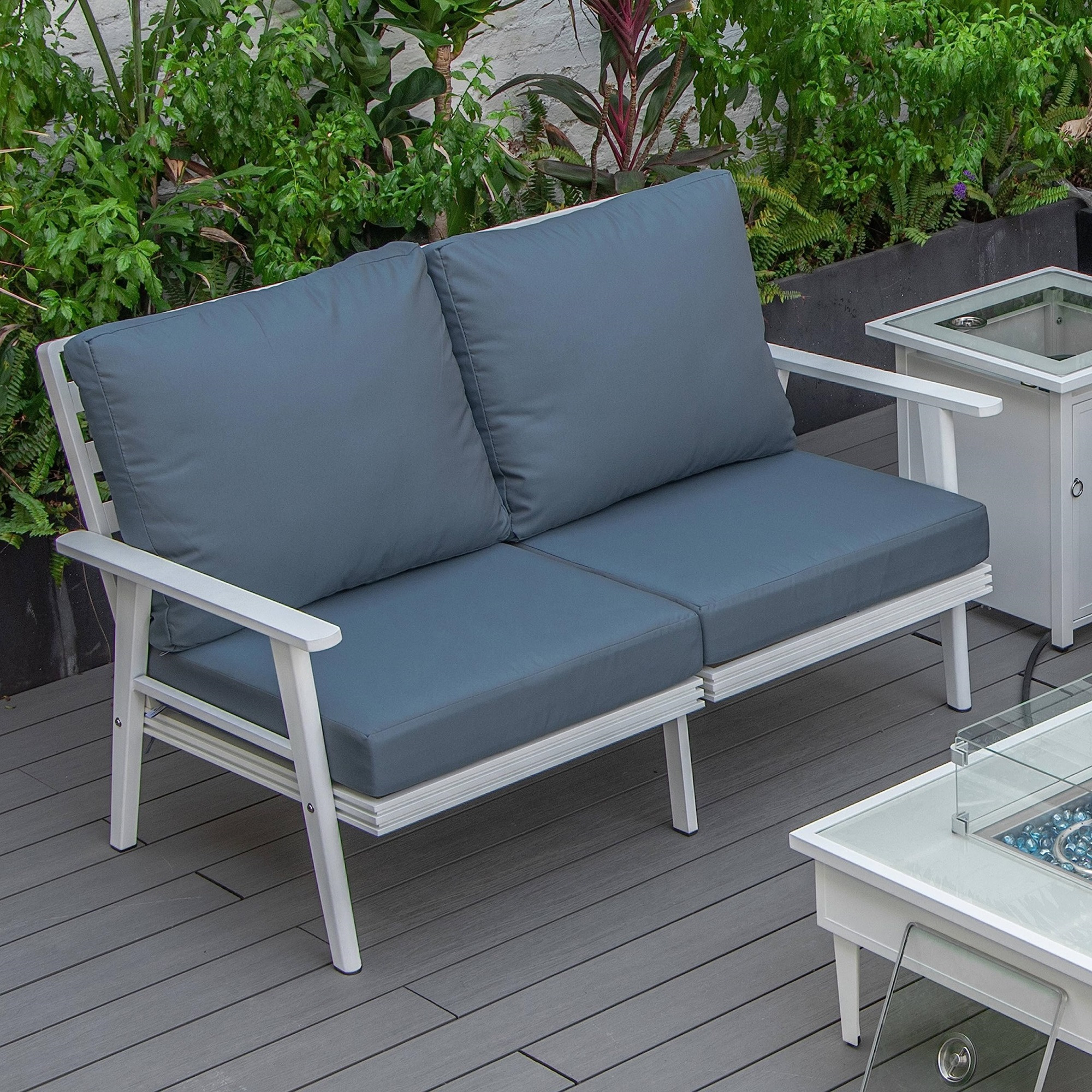 Leisuremod Walbrooke Modern Outdoor Patio Loveseat With White Aluminum Frame And Removable Cushions For Patio And Backyard Garden