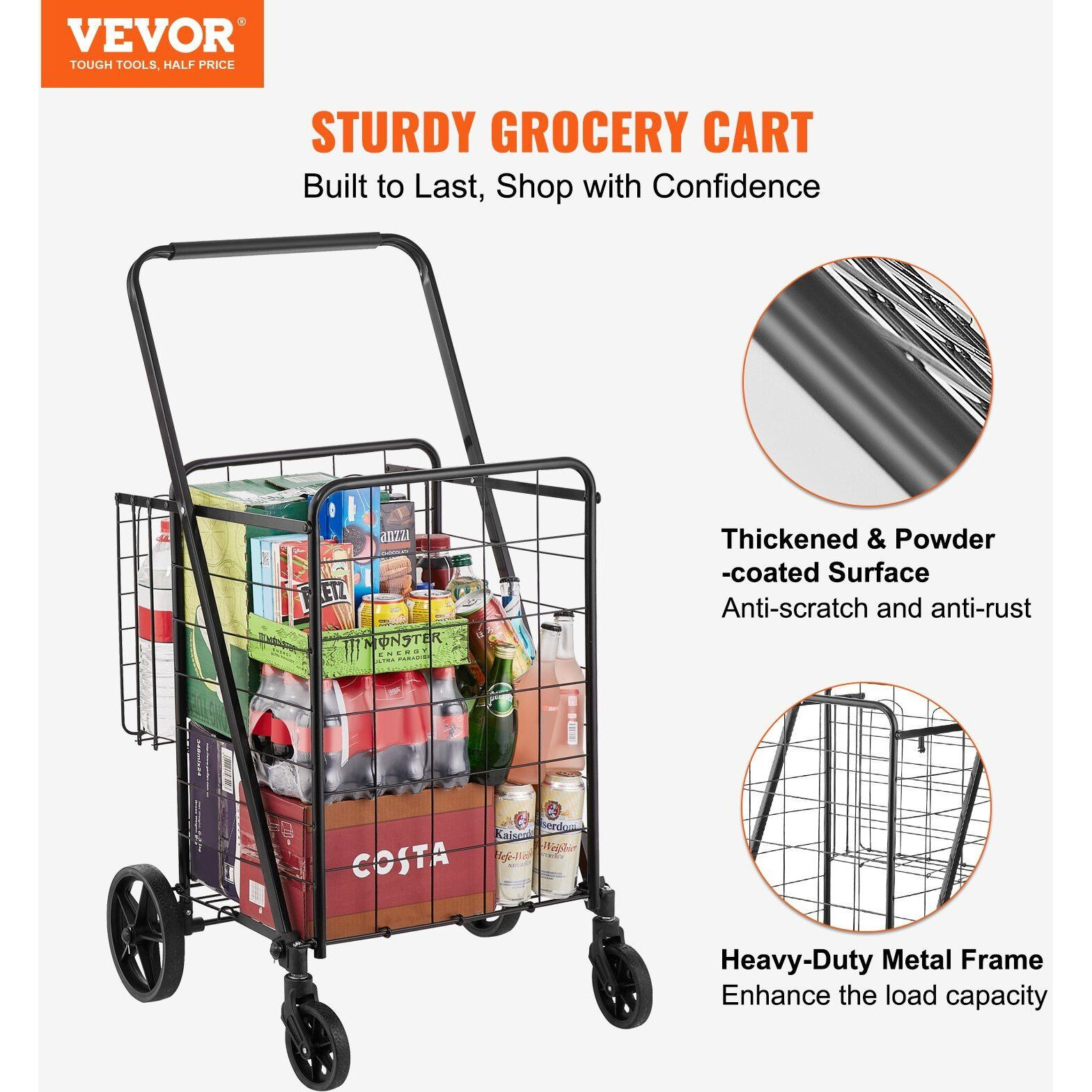 Vevor Folding Shopping Cart  Jumbo Grocery Cart With Double Baskets  360 Swivel Wheels  Heavy Duty Utility Cart  110 Lbs Large Capacity Utility Cart For Laundry  Shopping  Grocery  Luggage