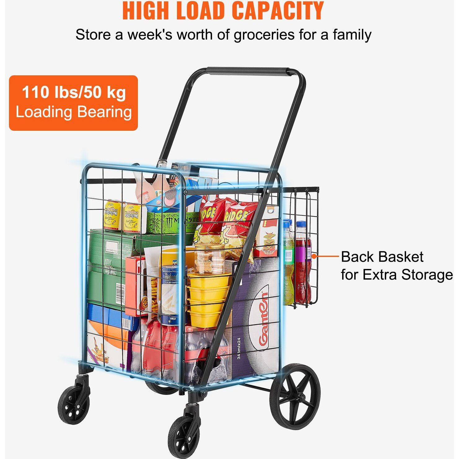 Vevor Folding Shopping Cart  Jumbo Grocery Cart With Double Baskets  360 Swivel Wheels  Heavy Duty Utility Cart  110 Lbs Large Capacity Utility Cart For Laundry  Shopping  Grocery  Luggage