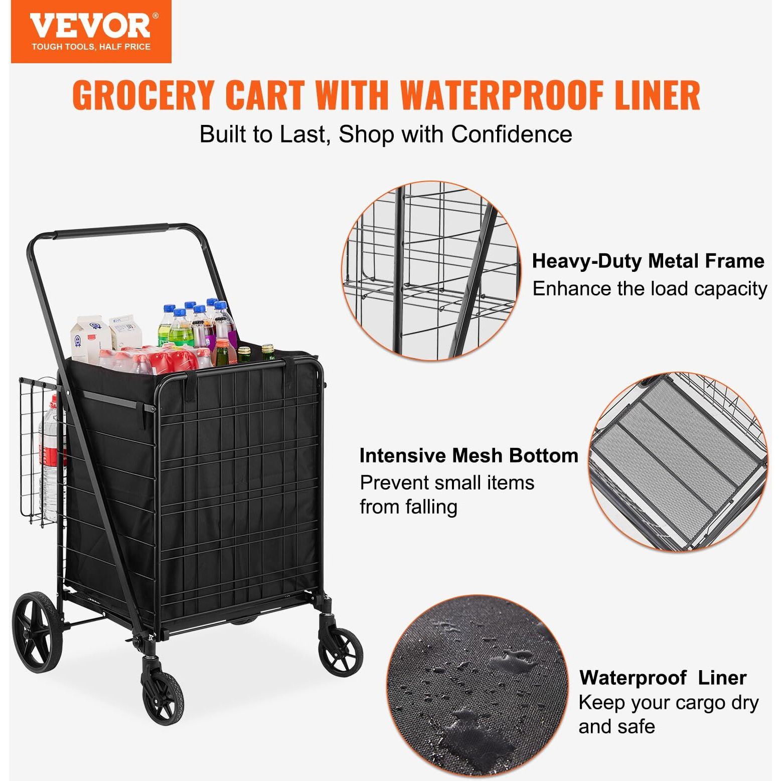 Vevor Folding Shopping Cart With Removable Waterproof Liner  330Lbs Large Capacity Jumbo Grocery Cart With Dual Basket  360 Swivel Wheels  Dense Metal Mesh Base  Heavy Duty Utility Cart For Shopping