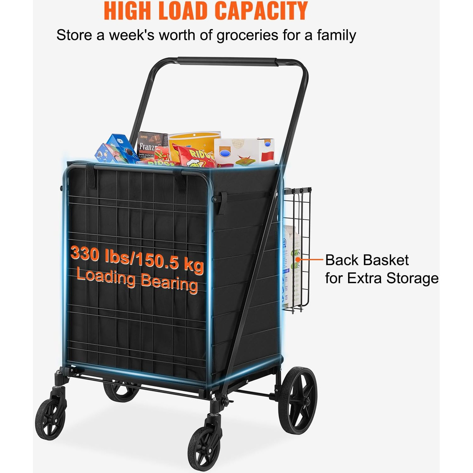 Vevor Folding Shopping Cart With Removable Waterproof Liner  330Lbs Large Capacity Jumbo Grocery Cart With Dual Basket  360 Swivel Wheels  Dense Metal Mesh Base  Heavy Duty Utility Cart For Shopping
