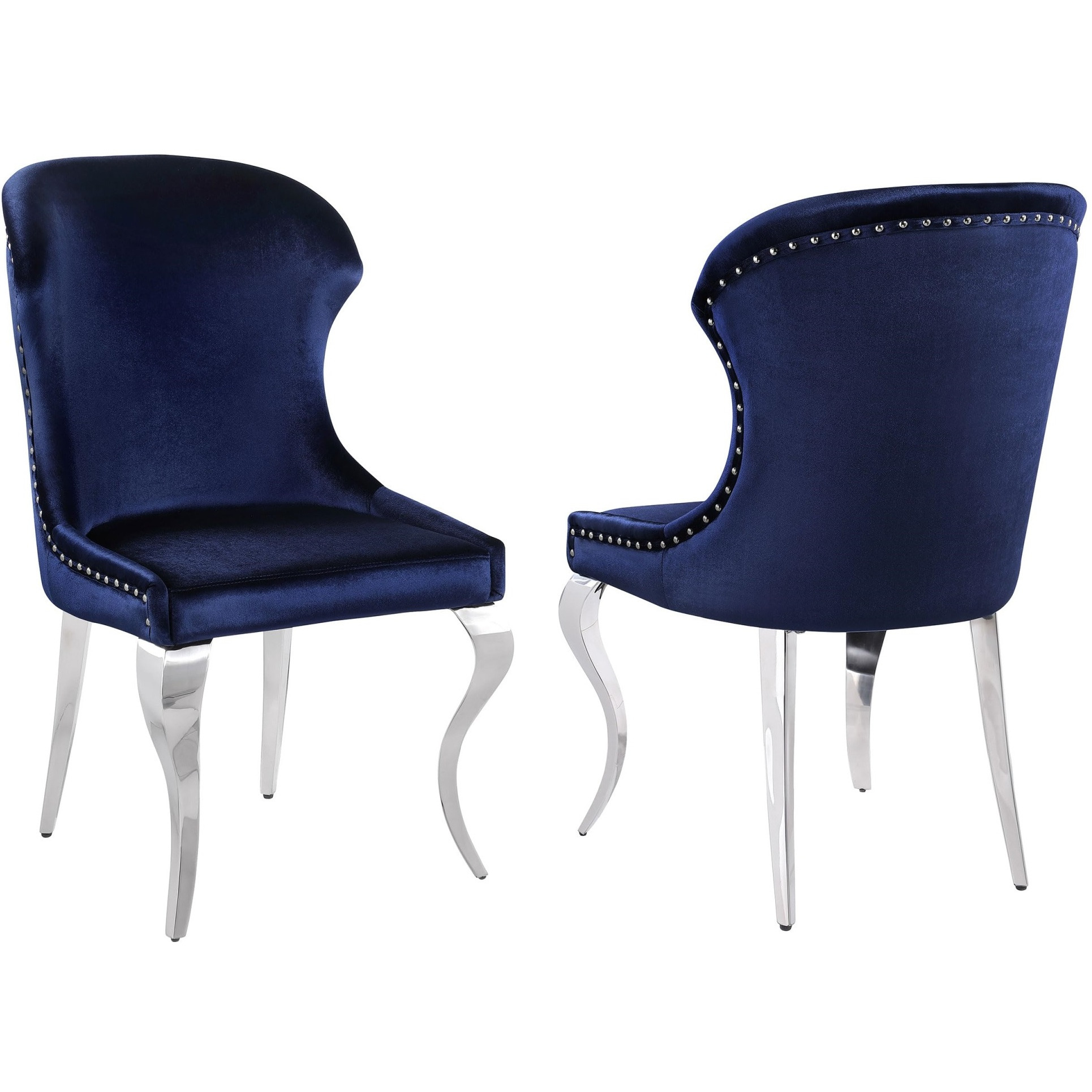 Cheyanne Upholstered Wingback Side Chair With Nailhead Trim Chrome And Ink Blue (Set Of 2)