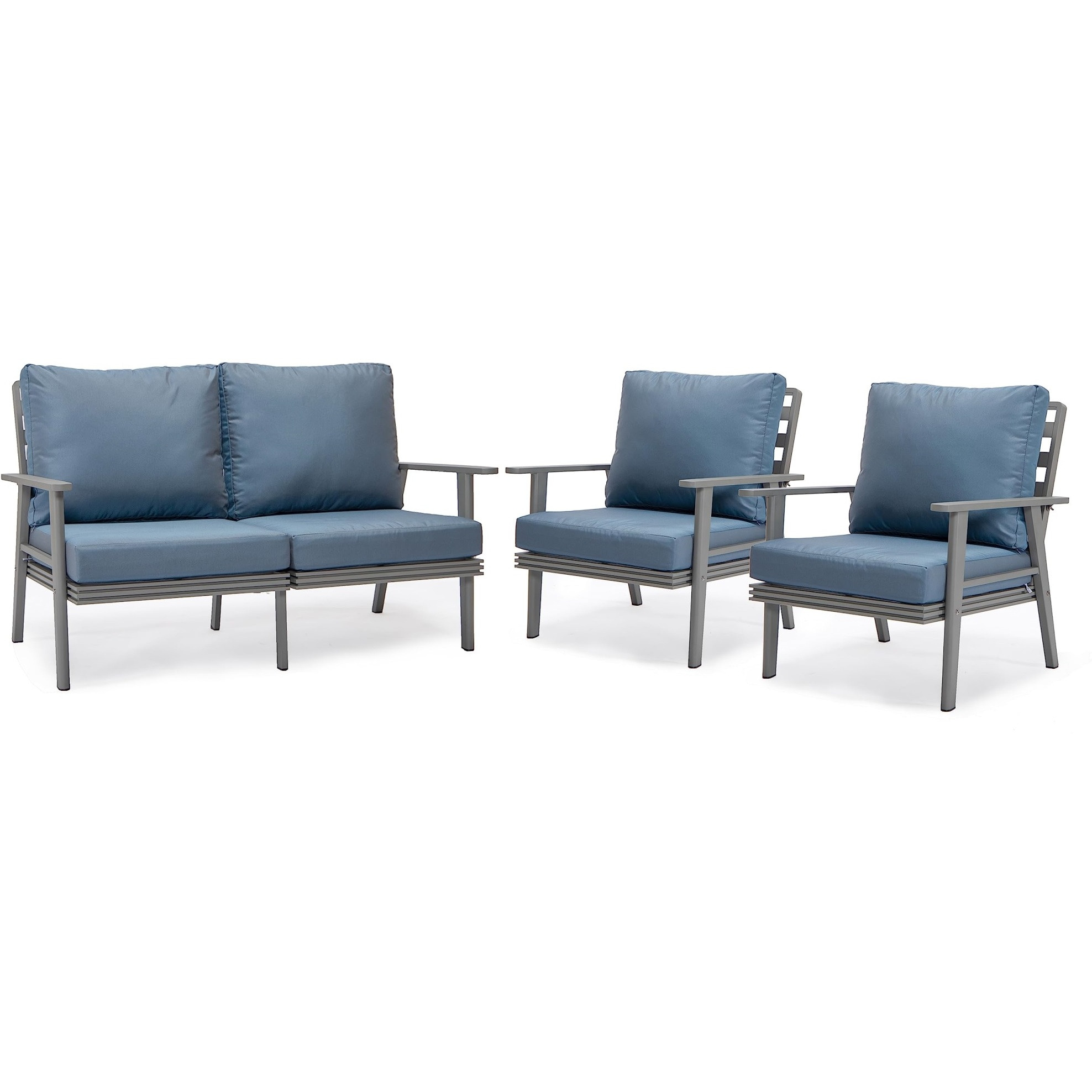 Leisuremod Walbrooke Modern 3-Piece Outdoor Patio Set With Grey Aluminum Frame And Removable Cushions Loveseat And Armchairs For Patio And Backyard Garden