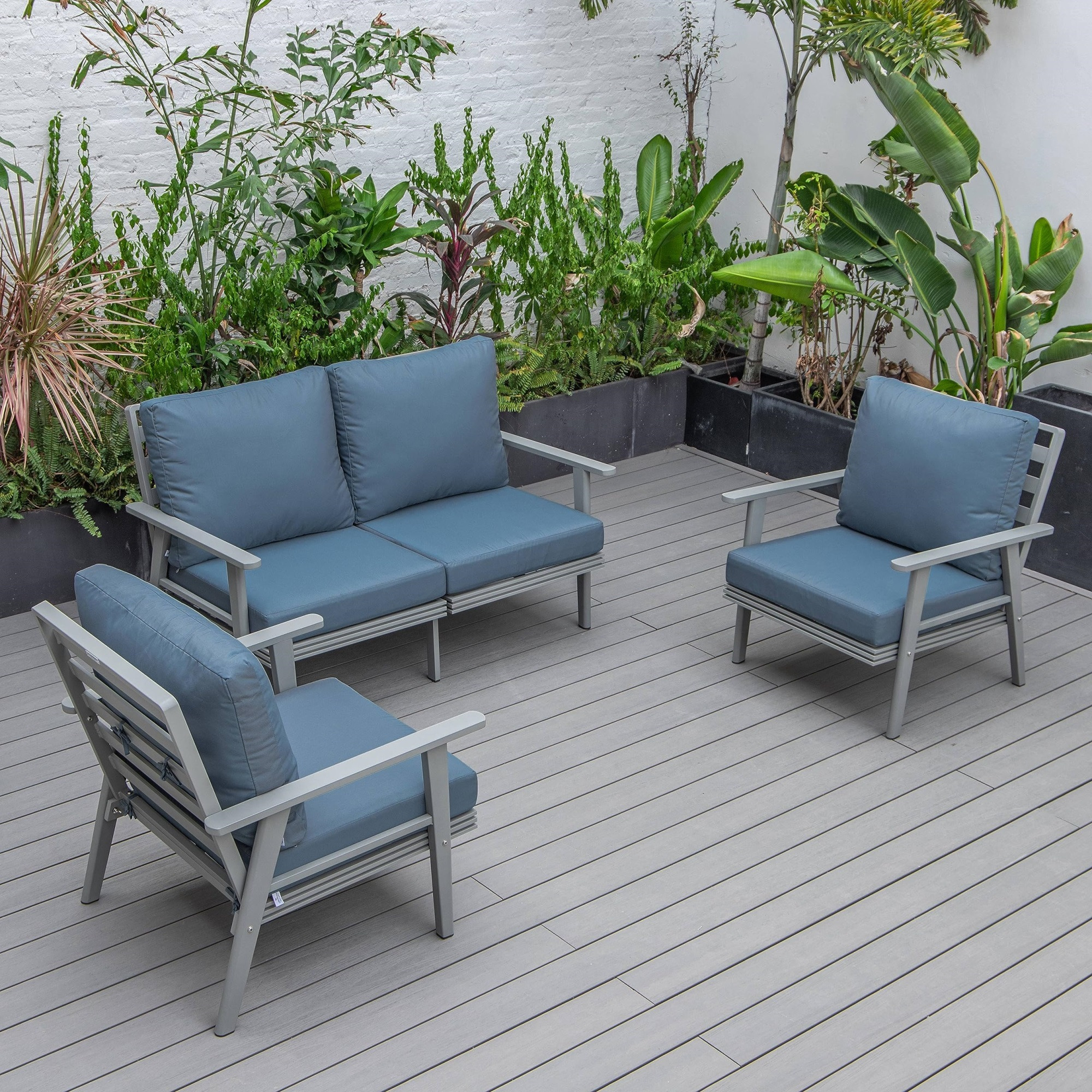 Leisuremod Walbrooke Modern 3-Piece Outdoor Patio Set With Grey Aluminum Frame And Removable Cushions Loveseat And Armchairs For Patio And Backyard Garden