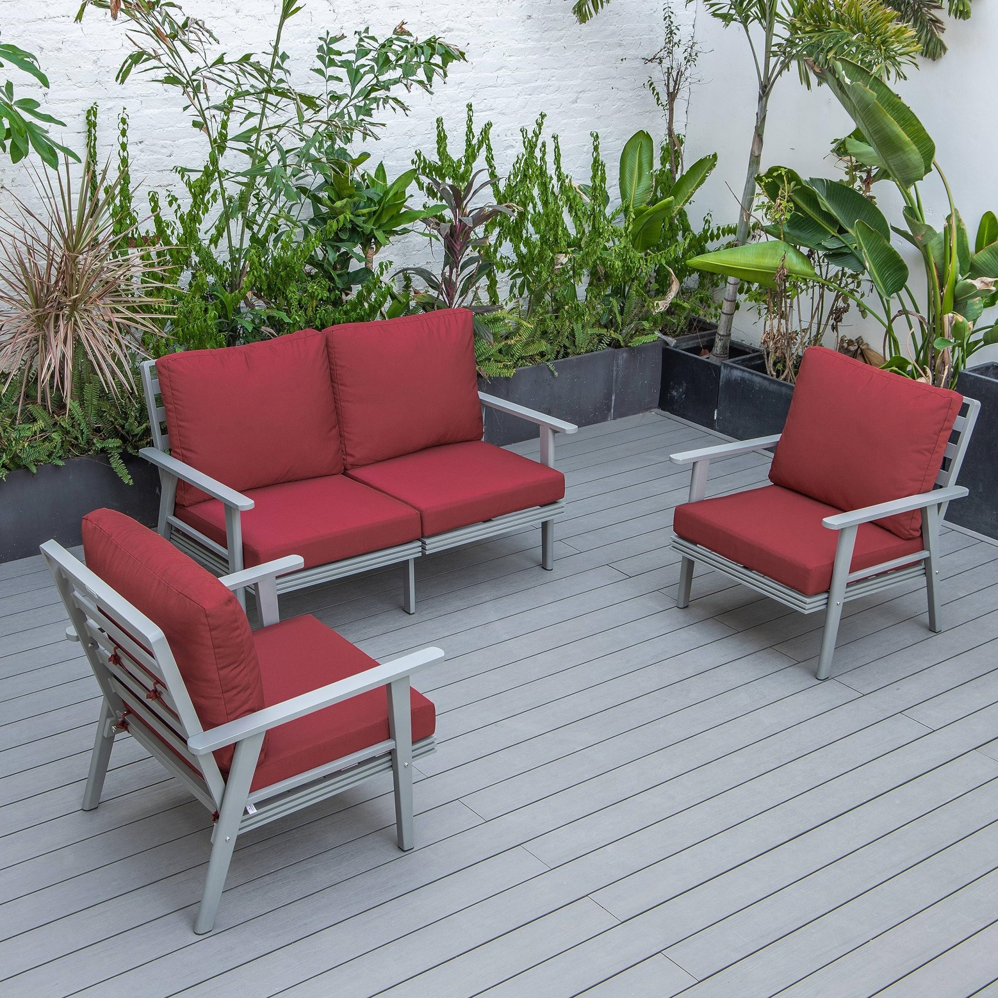 Leisuremod Walbrooke Modern 3-Piece Outdoor Patio Set With Grey Aluminum Frame And Removable Cushions Loveseat And Armchairs For Patio And Backyard Garden