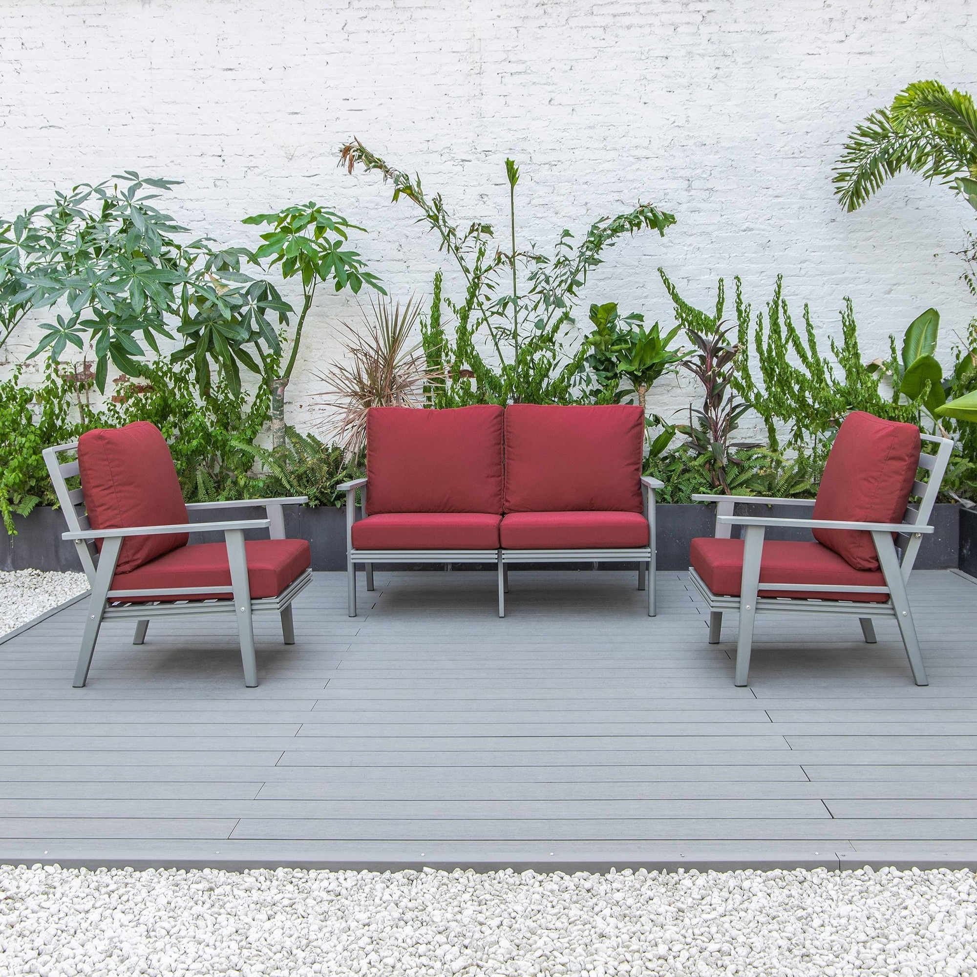 Leisuremod Walbrooke Modern 3-Piece Outdoor Patio Set With Grey Aluminum Frame And Removable Cushions Loveseat And Armchairs For Patio And Backyard Garden
