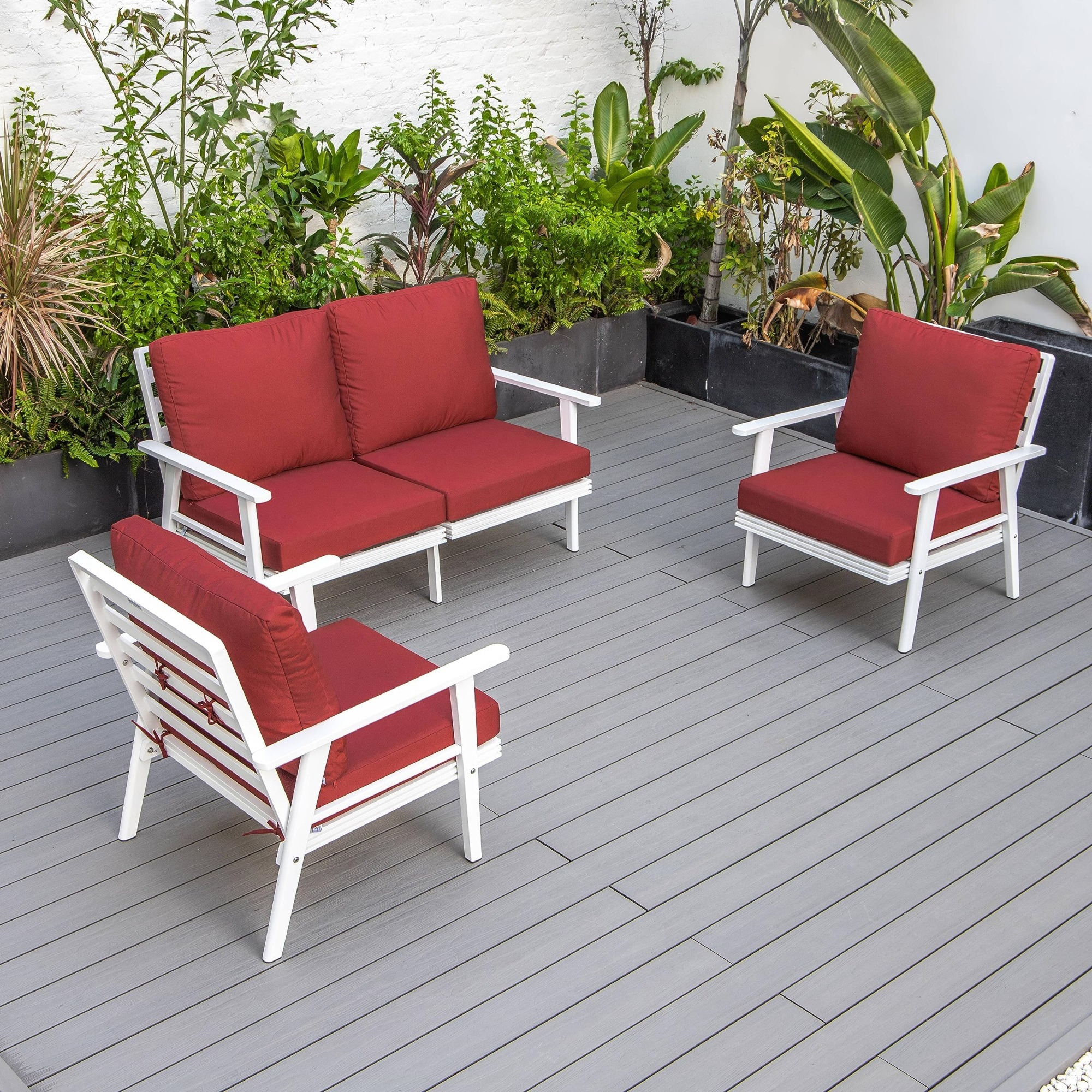 Leisuremod Walbrooke Modern 3-Piece Outdoor Patio Set With White Aluminum Frame And Removable Cushions Loveseat And Armchairs For Patio And Backyard Garden