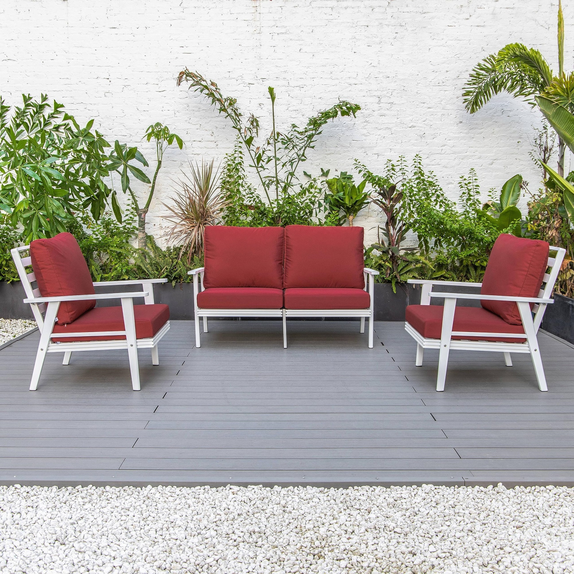 Leisuremod Walbrooke Modern 3-Piece Outdoor Patio Set With White Aluminum Frame And Removable Cushions Loveseat And Armchairs For Patio And Backyard Garden